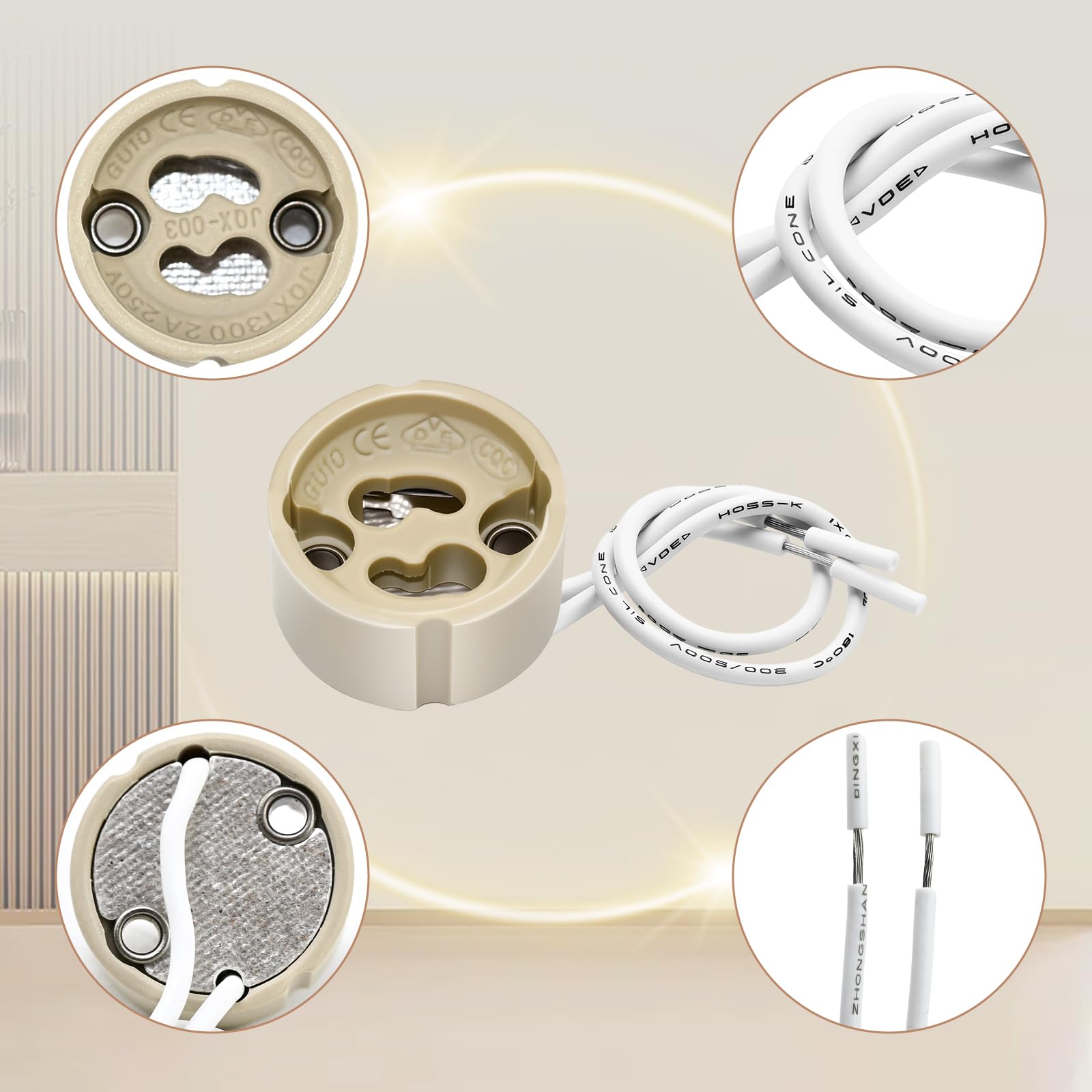 Oprawka GU10, oprawka lampy z ceramiki, z wysokiej jakości kablem silikonowym 12 cm, przyłączane oprawki do lamp LED GU10 i halogenów, VDE, 10 sztuk