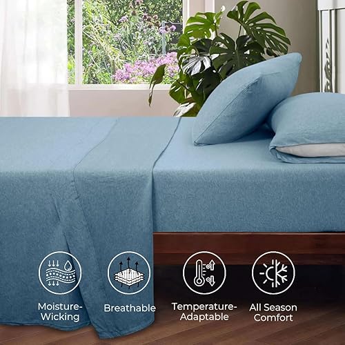 Miniatura 3 de Juego de sábanas de jersey jaspeado teñido espaciado, 4 piezas, ropa de cama 100% algodón puro, transpirable, bolsillo profundo, fácil ajuste,