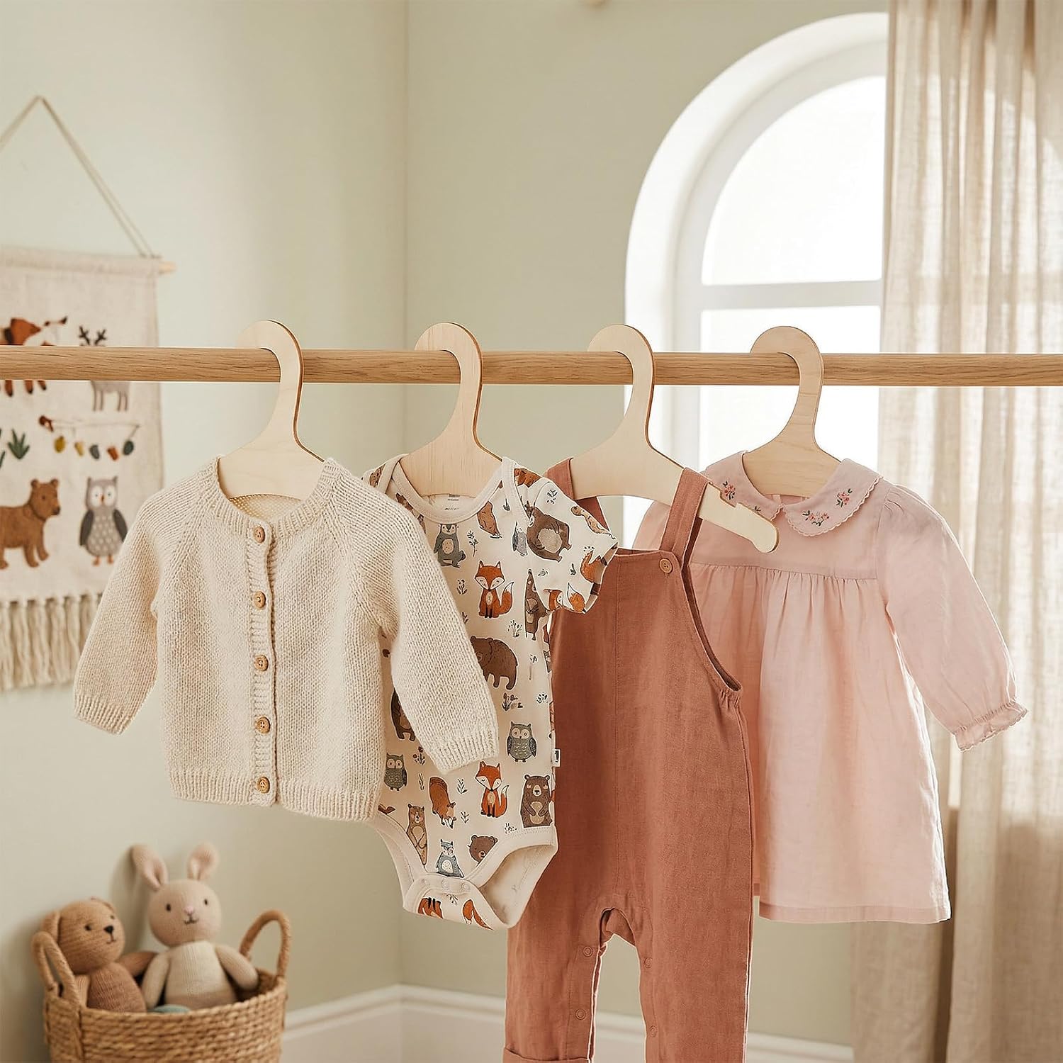 50 Pack Wooden Baby Hangers for Baby Clothes – 9” x 4.7” Non-Slip Kids Wood Hangers, Cute & Durable Toddler Hanger for Nursery, Coats, Dresses, Pants & Jackets (Wood Color)