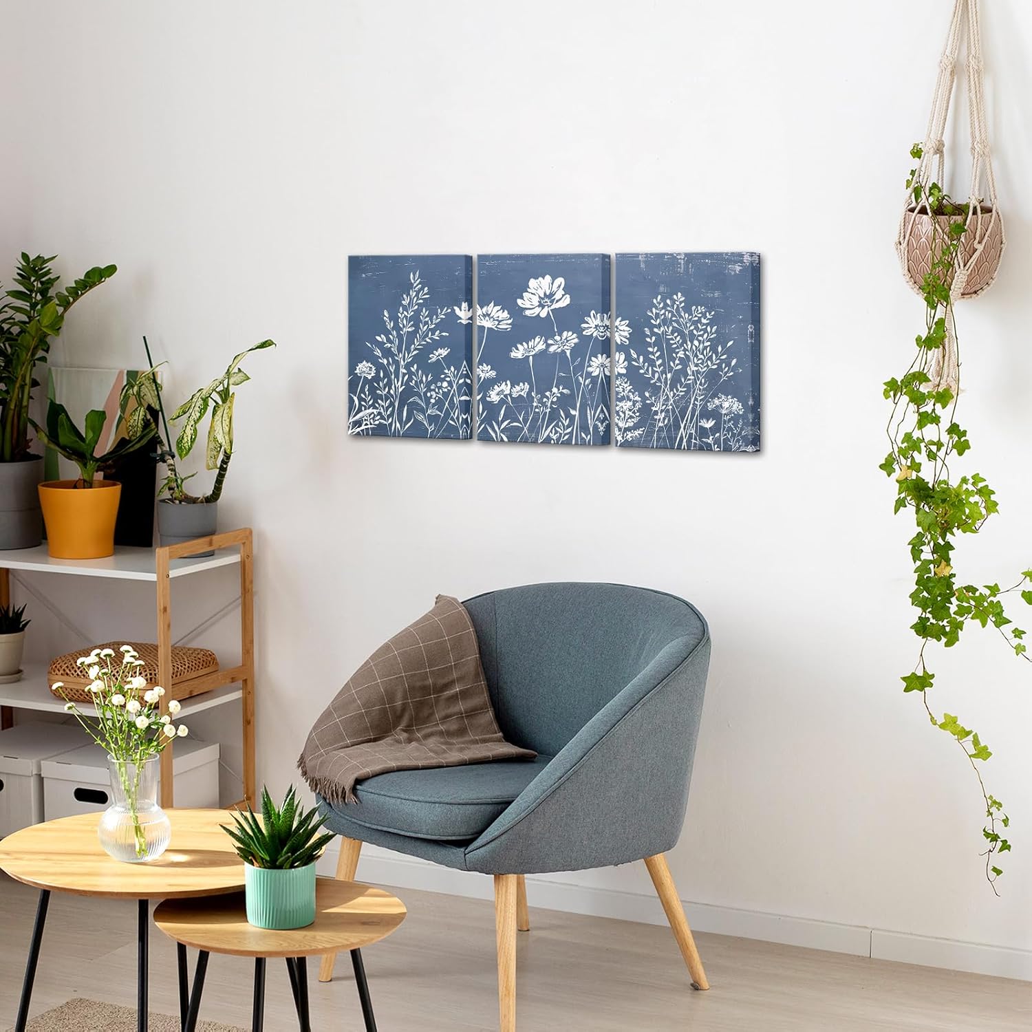 Artmyharbor Navy Blue White Wall Art Wildflower Canvas Prints Minimalist Bathroom Decor 12 x 16 inches