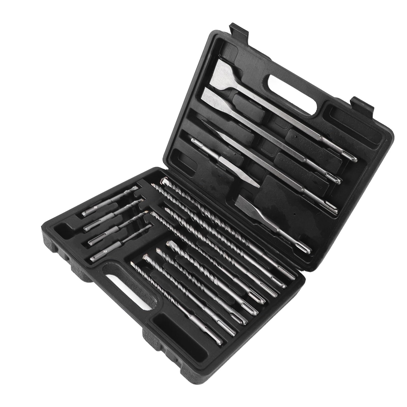 AMONIDA Juego de Brocas de Cincel para Taladro Percutor de 17 Piezas, Brocas de Acero de Aleación con Cinceles para Hormigón, Caja de Almacenamiento de Plástico para, Ideal para Construcción
