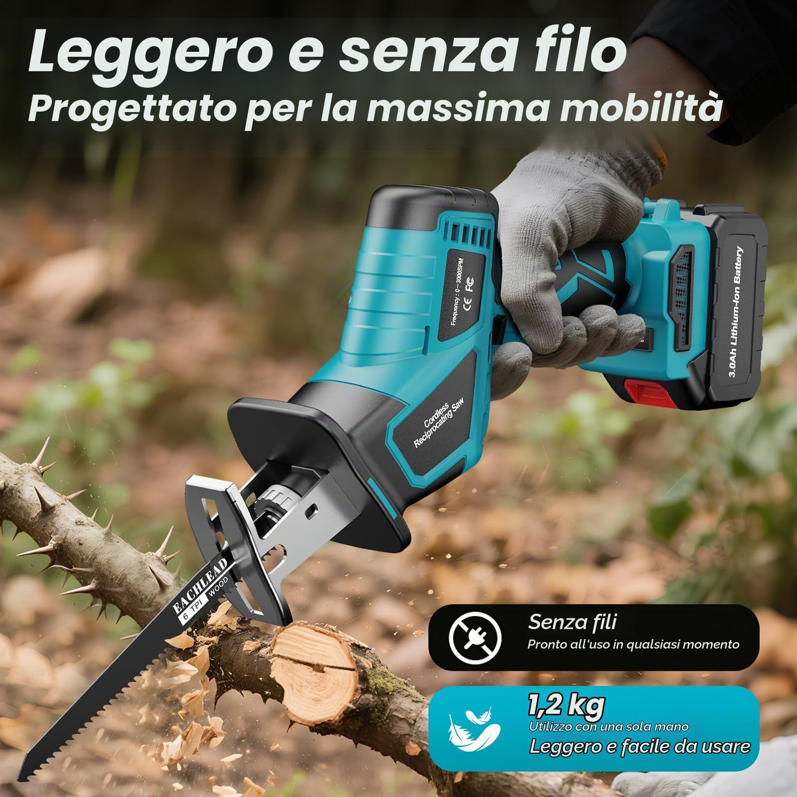 Sega a Gattuccio Compatibile con Maa-kita 21V Batteria, Gattuccio a Batteria Con 2×3.0Ah e 6 Livelli di Velocità Fino a 3500SPM 4 Lame, Gattuccio Elettrico per Legno e Metallo