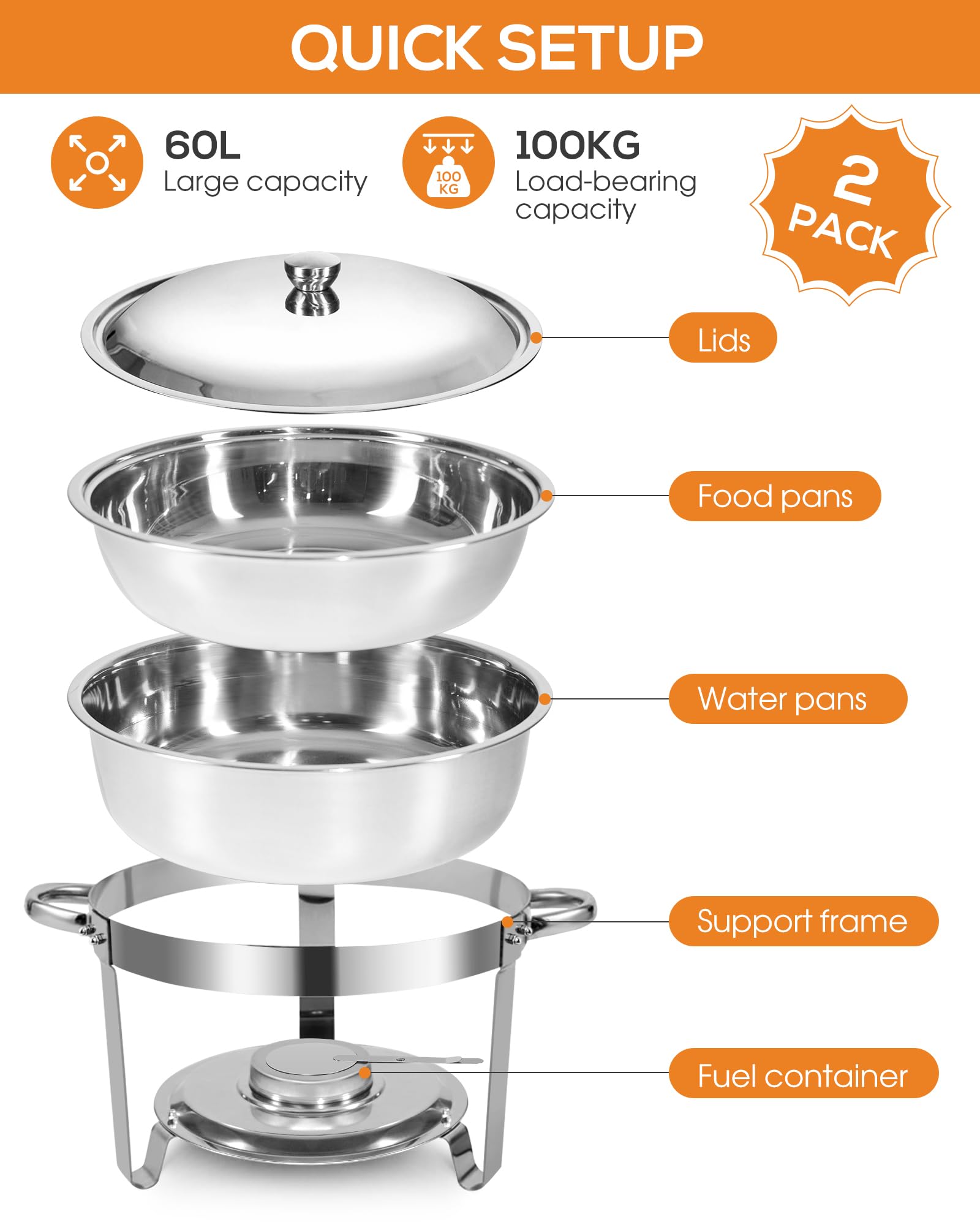 Chafing Dish Buffet Set 5L, Set Buffet da 2 pezzi in Acciaio Inossidabile, Contenitori per Mantenere Caldo, Rotondo Scaldavivande per Servire per Catering Ristoranti Feste Matrimoni (Argento - 2 Set)