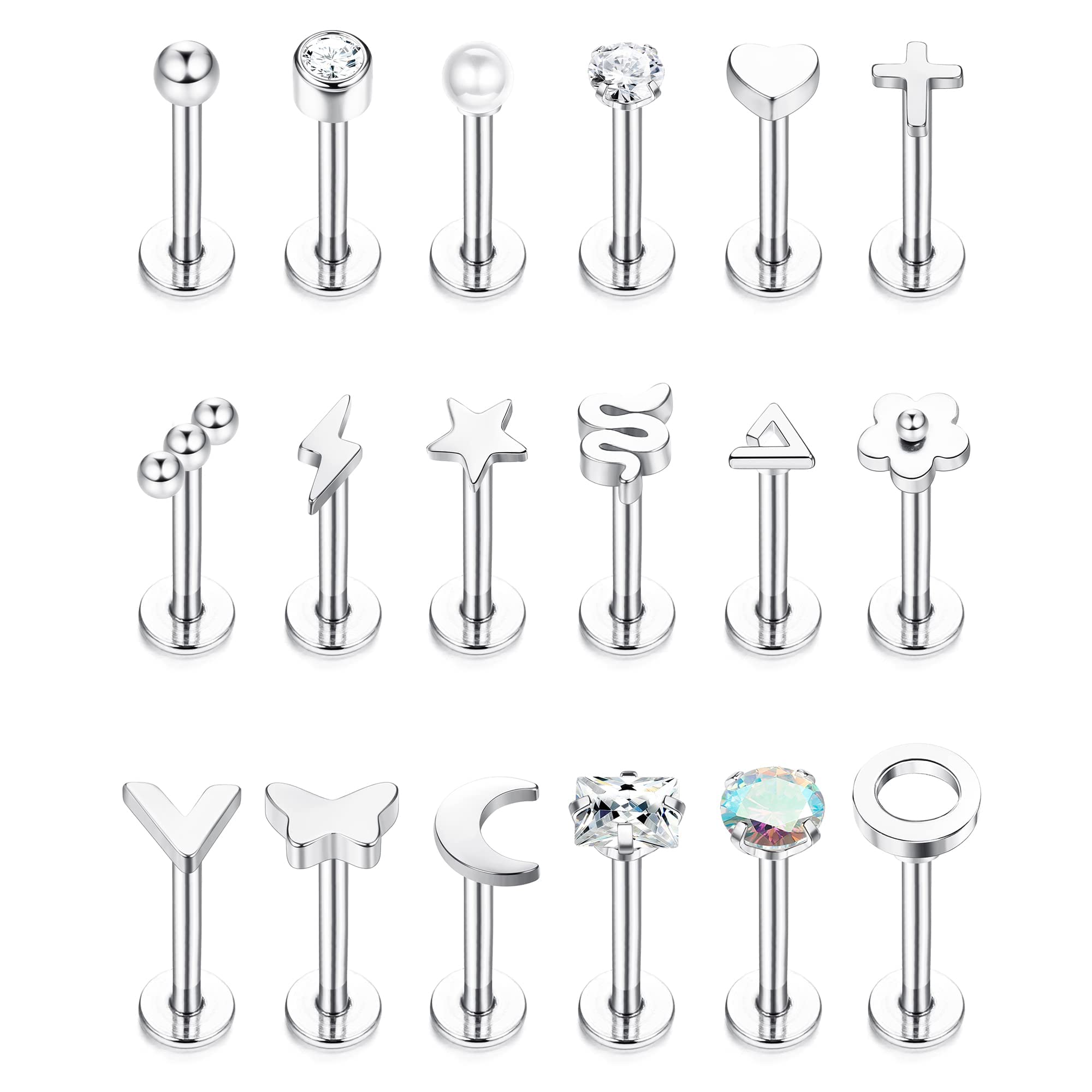 JeryWe18PCS 16G Labios Internos Barras Labret Stud Piercing Piercing de acero inoxidable para mujeres y hombres Tragus Helix Concha Piercing Pendiente Monroe Labios Piercings Joyería 6/8MM