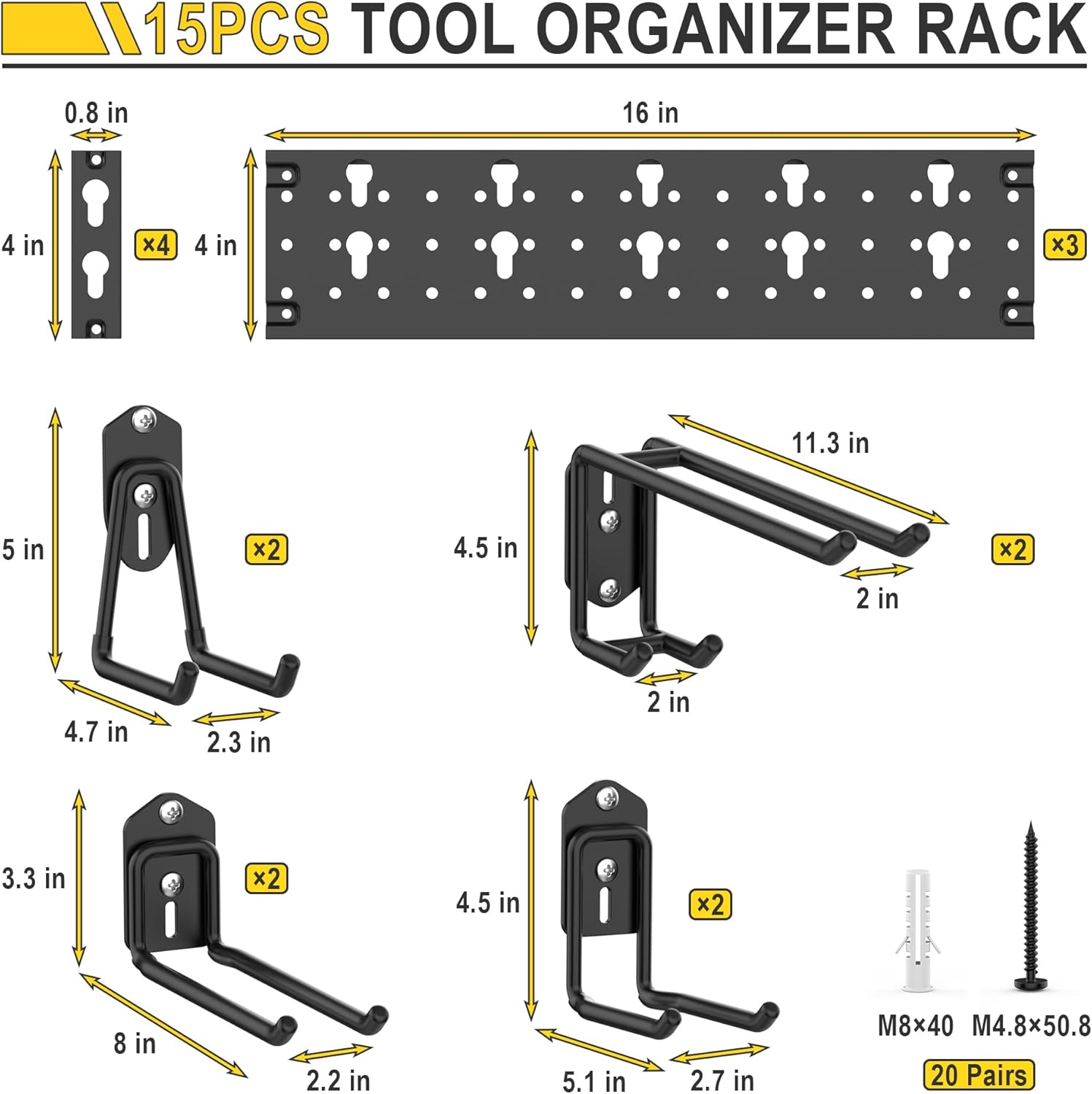 Ultrawall Garage Storage Organization, Versatile Storage Hooks Garden Tool Organizer Wall Mount, 48 Inch Yard Tool Organizer Hangers for Shovels, Rakes, Ladders, 15pcs Black