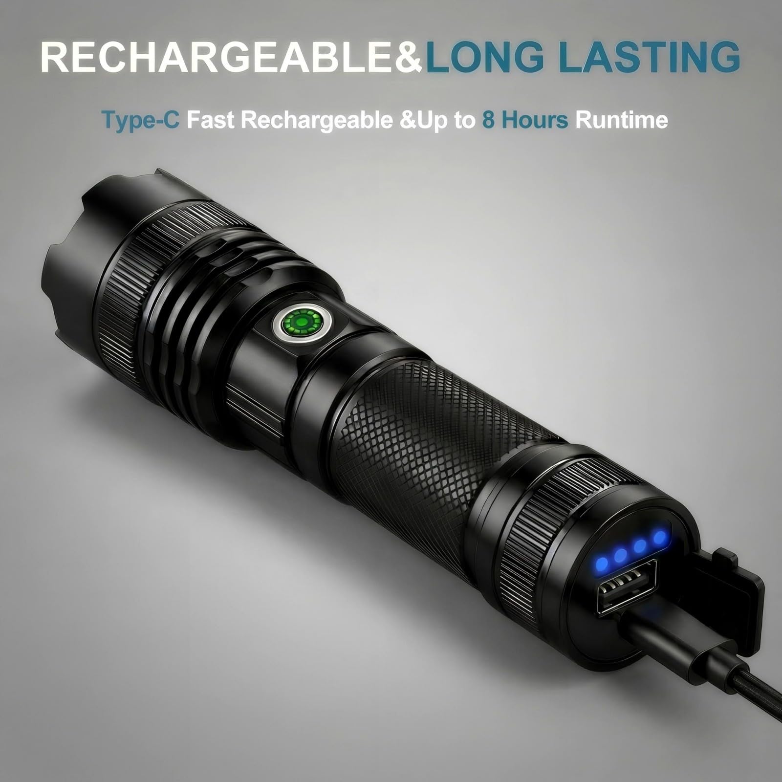 Flashlight Rechargeable, 2Pack 990,000 High Lumens Super Bright LED Flashlights, IPX6 Waterproof, 3 Light Modes, Zoomable, Type-C Charging Flash Light with USB-A Output for Camping, Emergency, Home - 4