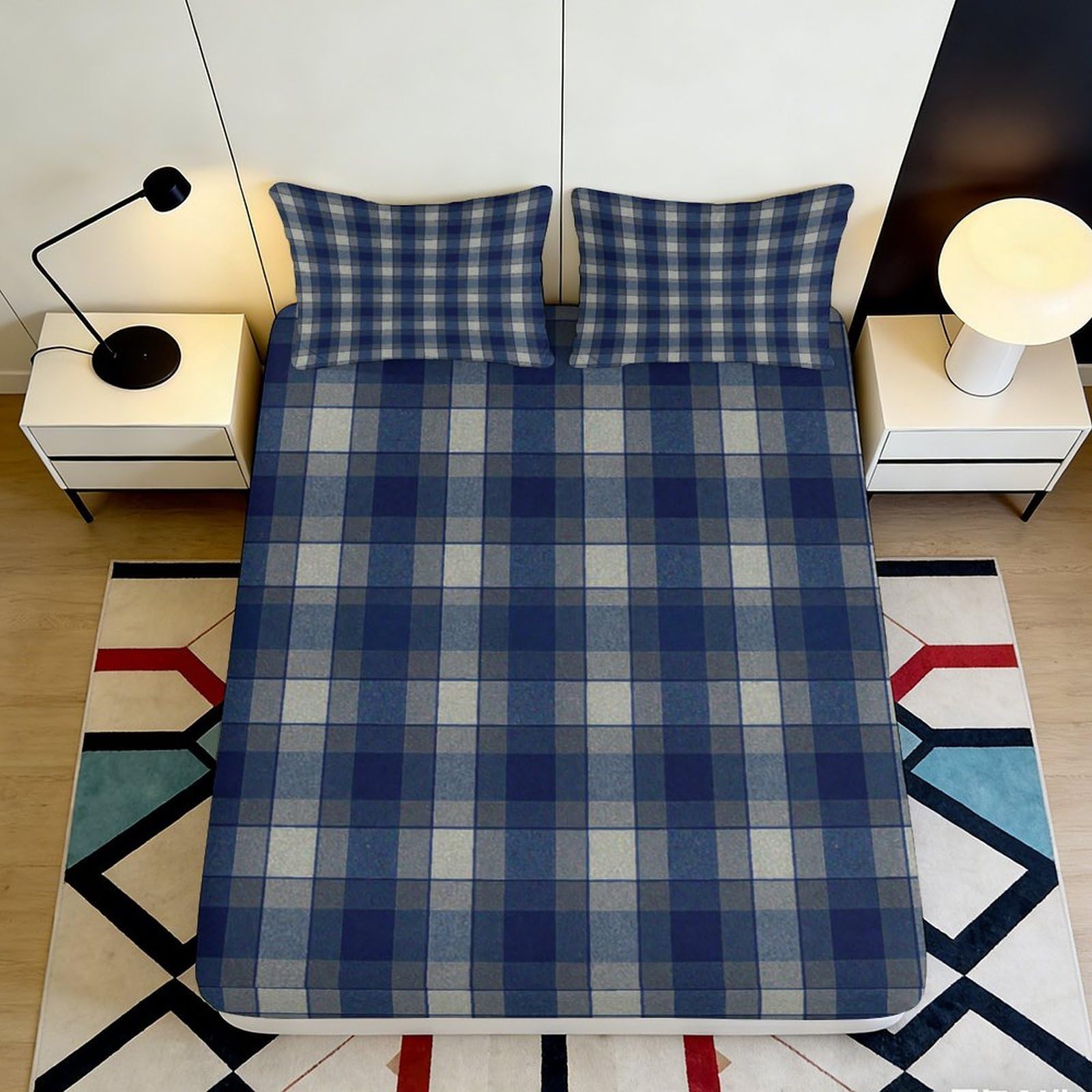 3D Printed Blue Plaid Fitted Sheet Microfiber Soft Breathable Checked Bed Cover for Bedroom Dormitory Guest Room Mattress Protection Decor 120x200x25cm