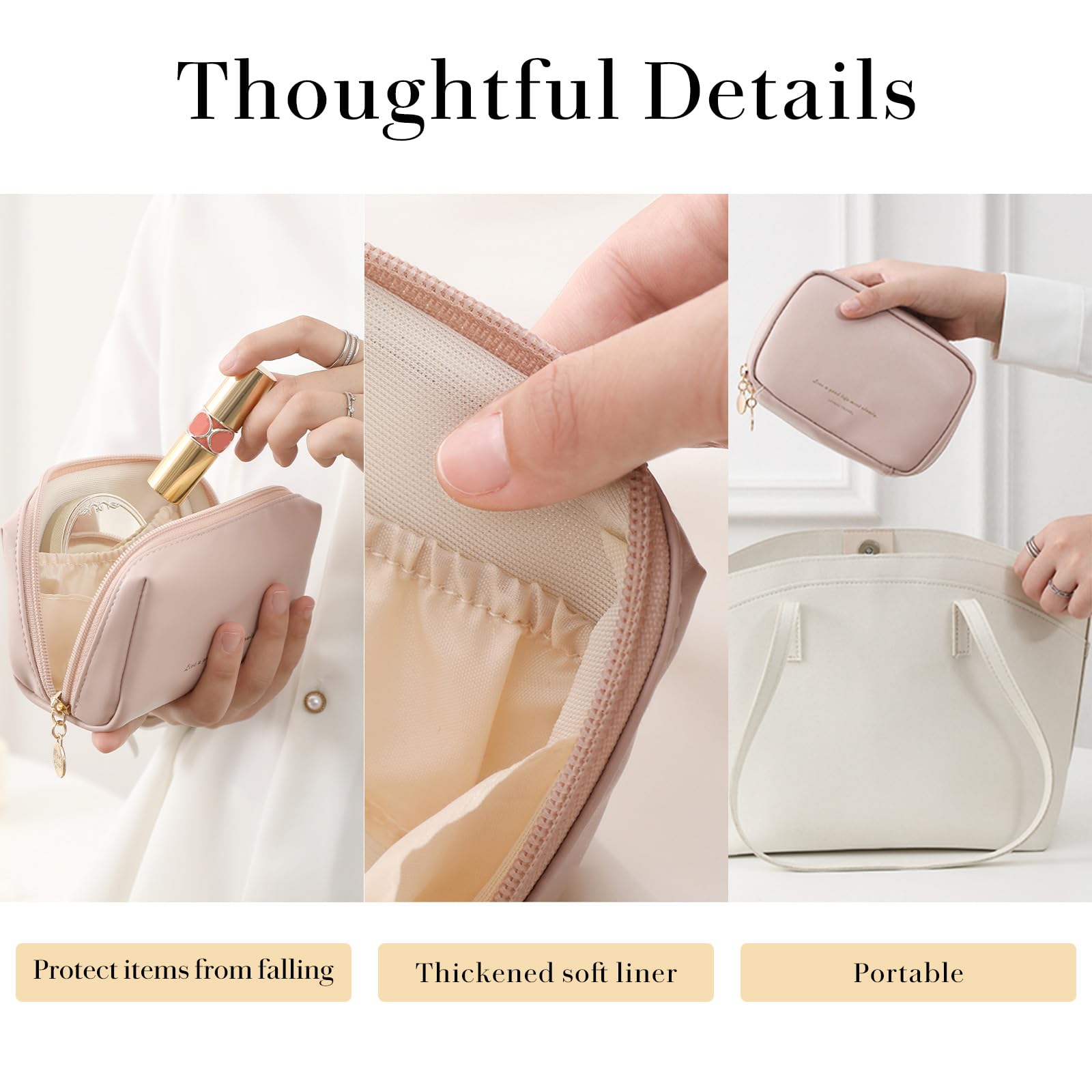 Small Cosmetic Bag Zipper Pouch Travel Makeup Bag with compartments for Women Portable Lipstick Pouch Purse Waterproof Make-up Organizer Great Gifts Pink - Image 3