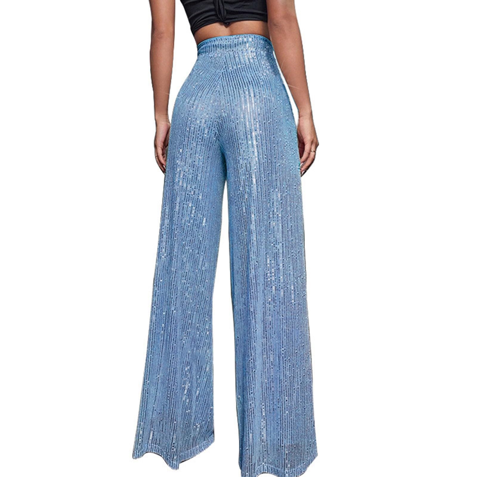 Pantaloni a zampa, alla moda, da donna, a gamba larga, per carnevale, con paillettes, in vita elasticizzata, con brillantini, da sera, per feste