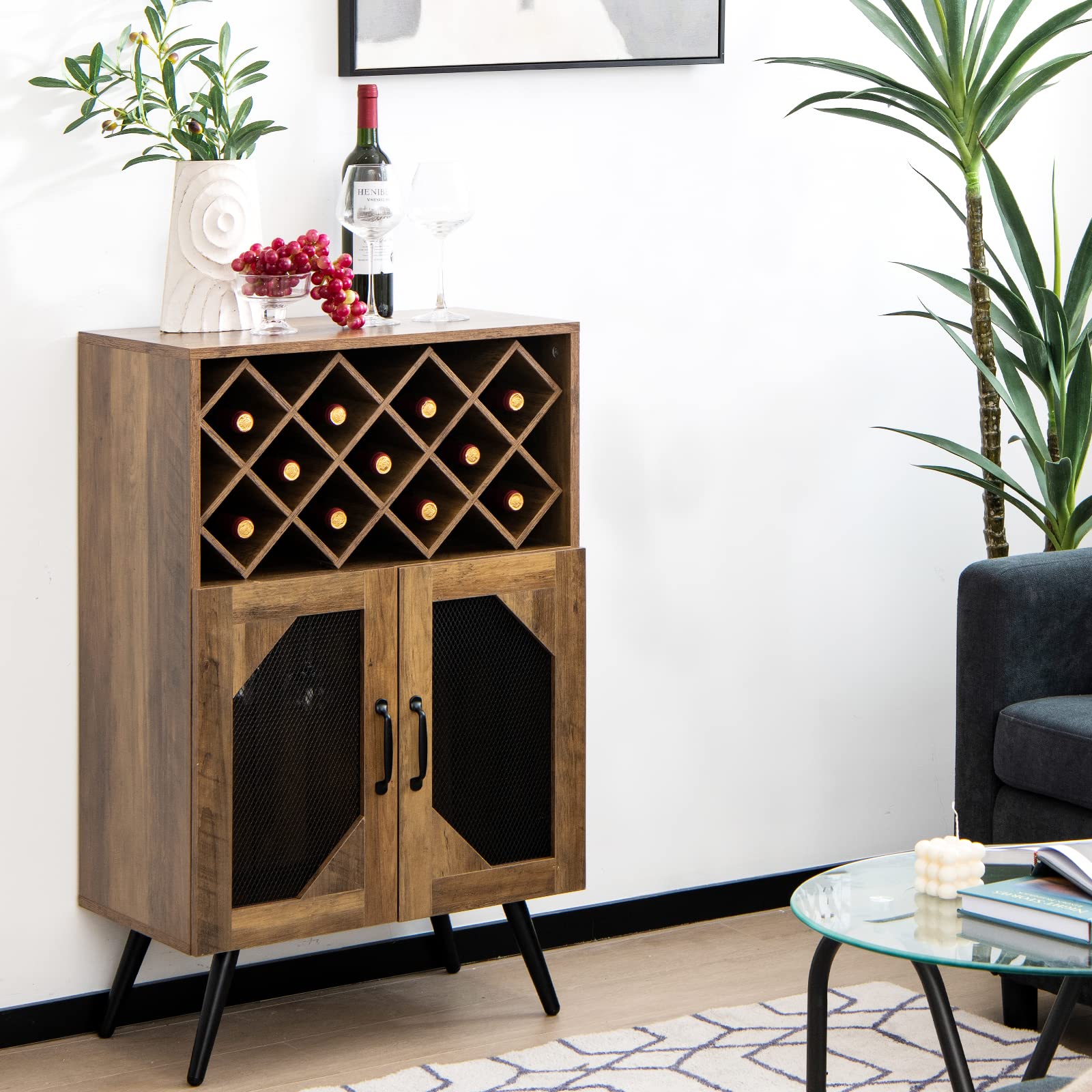 GIANTEX Meuble de Bar à Vin, Buffet Industriel avec Casier à Vin Amovible et Porte-Verre Intégré, Meuble de Rangement en Bois pour Salle à Manger, Salon, Cuisine, Marron Rustique