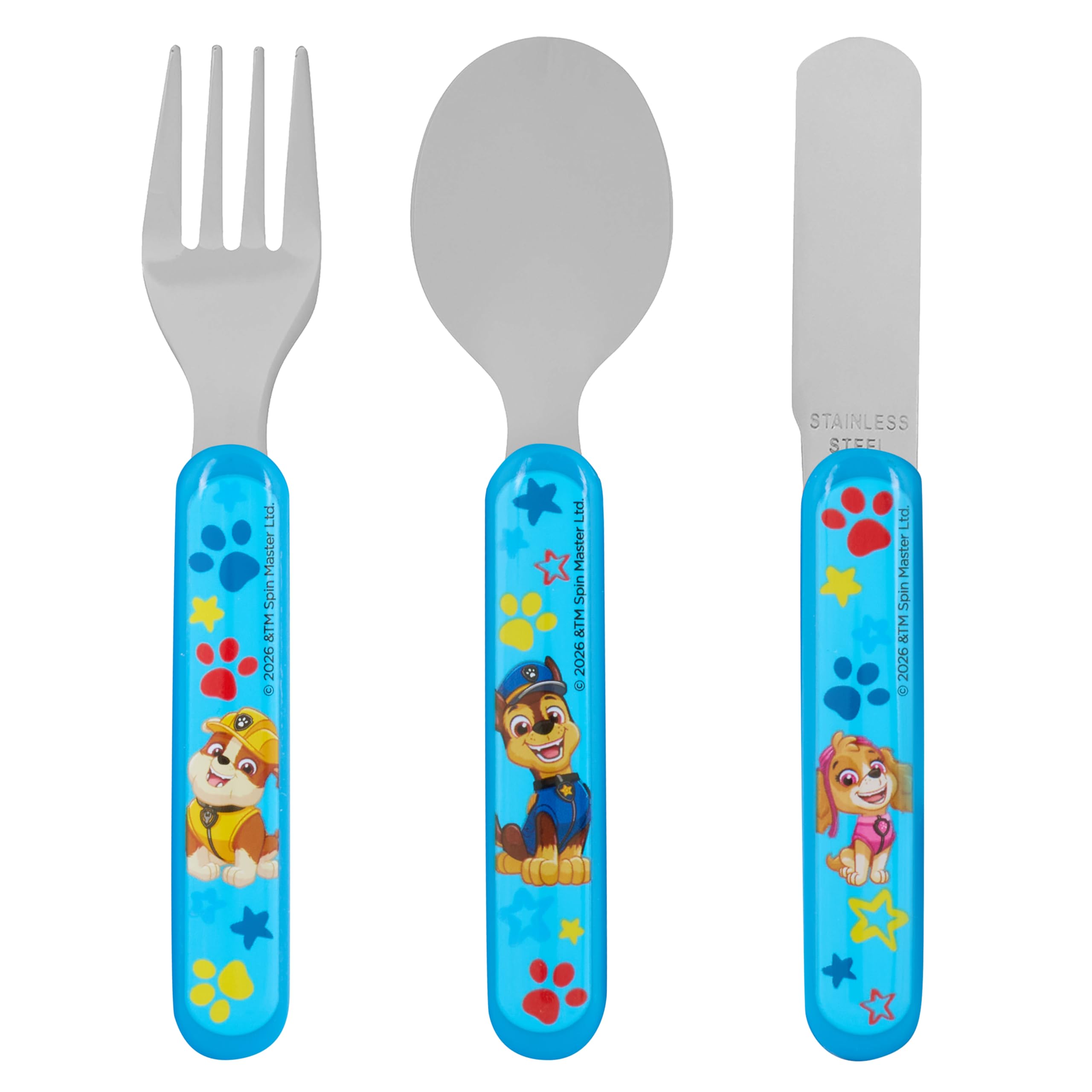 PAW Patrol 3-Piece Stainless Steel Cutlery Set for Kids, Blue, Includes Fork, Spoon and Knife, Features Chase, Rubble and Skye, Ages 36 Months Plus