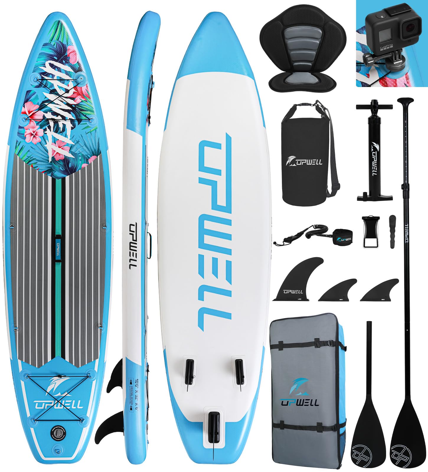 UPWELL Premium Stand Up Paddling Board Aufblasbar, SUP Board Set mit Sitz, 204kg Tragkraft für 2 Personen, Komplettes Zubehör inkl. Verstellbarem Paddel für Anfänger