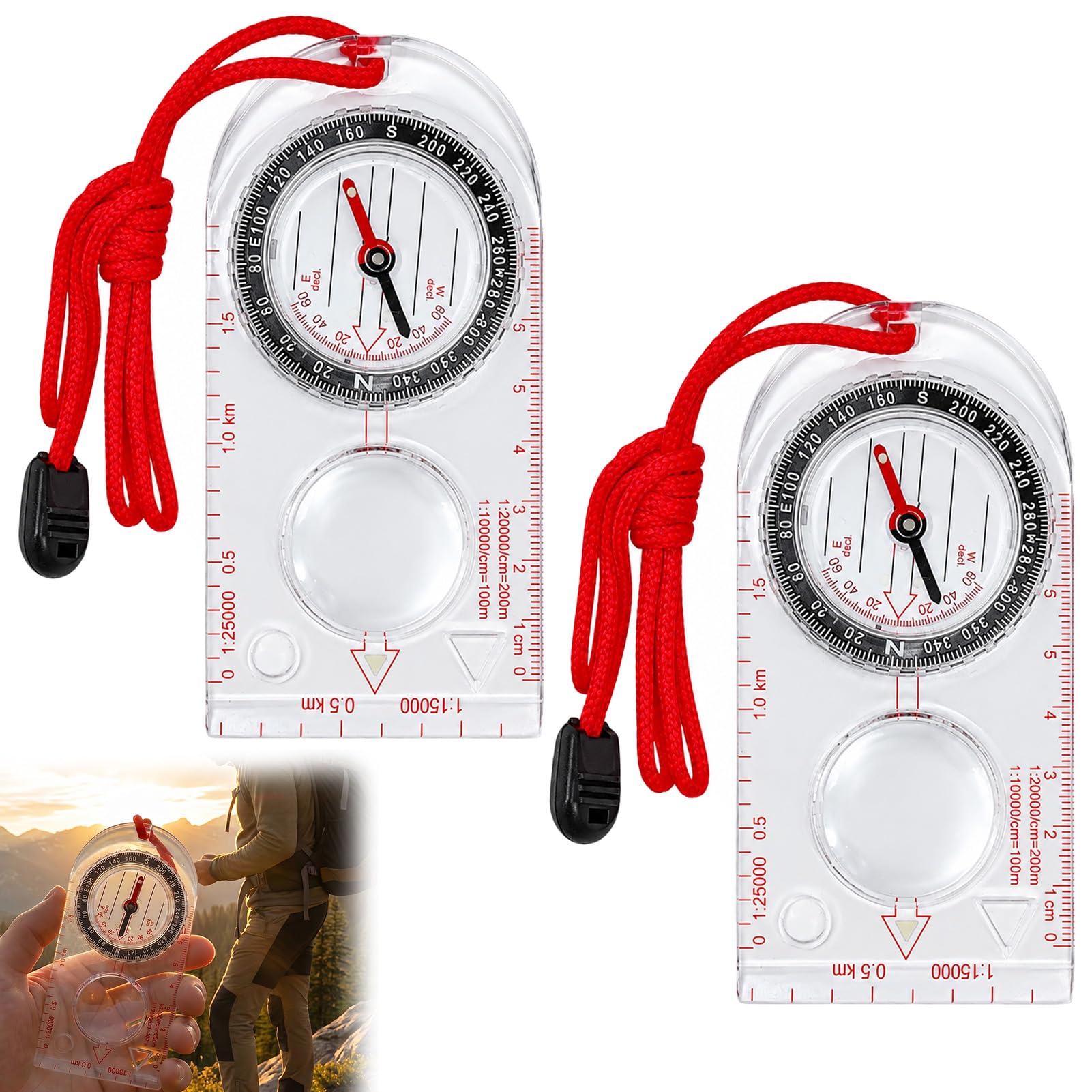 2Pcs Boussole Randonnée, Boussole Militaire avec Déclinaison Réglable, Corde Rouge Portable, Boussole d’Orientation Précise pour Camping, Trekking, Lecture de Carte et Activités de Plein Air