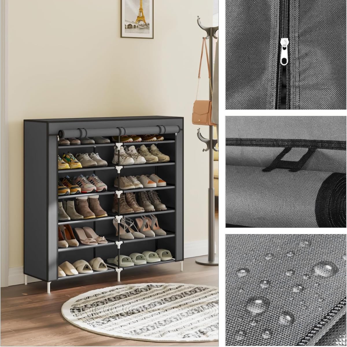 ZOLTA Textilschuhschrank 6 Ebenen 12 Fächer grau 107×114×29 cm mit Rolltüren Reißverschluss Schuhregal Stoffschrank Metallrahmen platzsparend leicht Staubschutz für Flur Schlafzimmer Keller