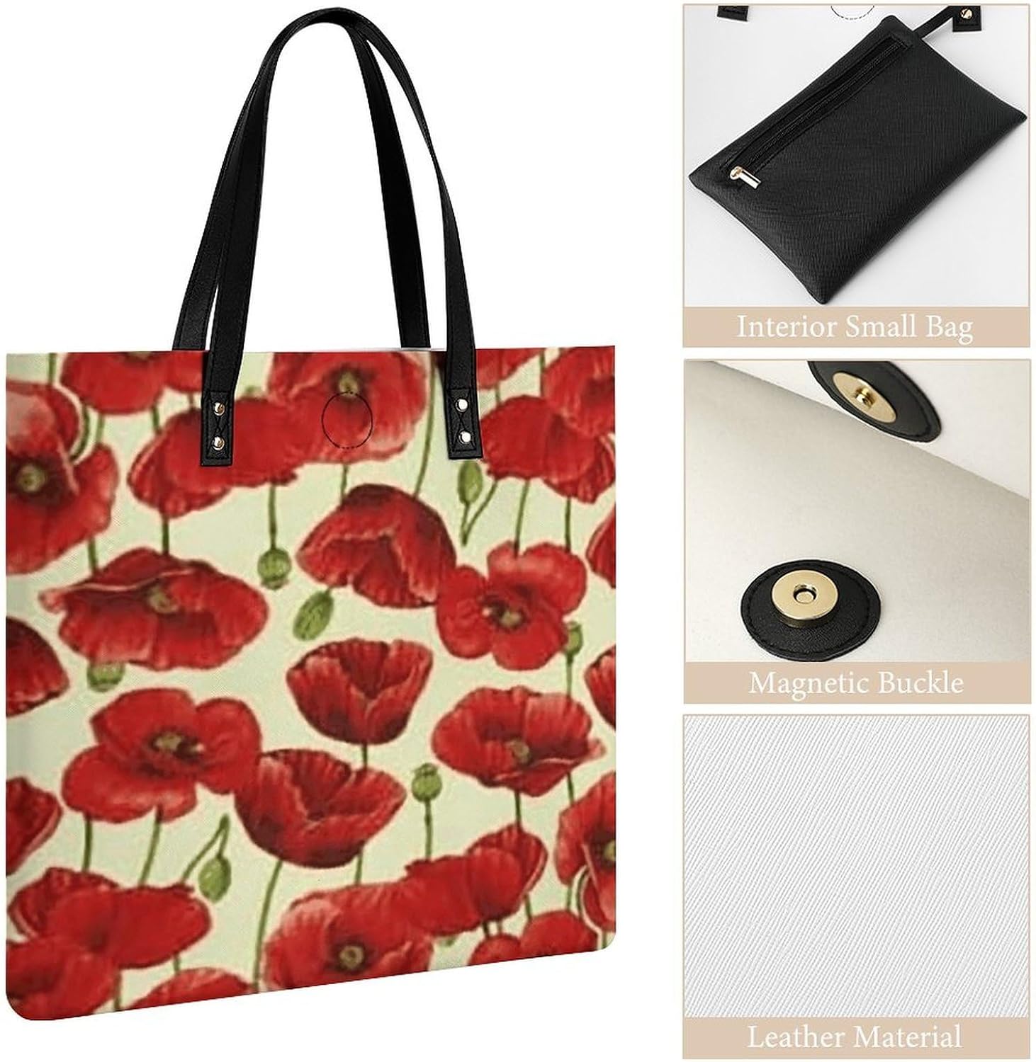 Red Flower Tote Bag with Magnetic Buckle Reusable Grocery Bags Lightweight Cross Body Handbag for Daily Essentials