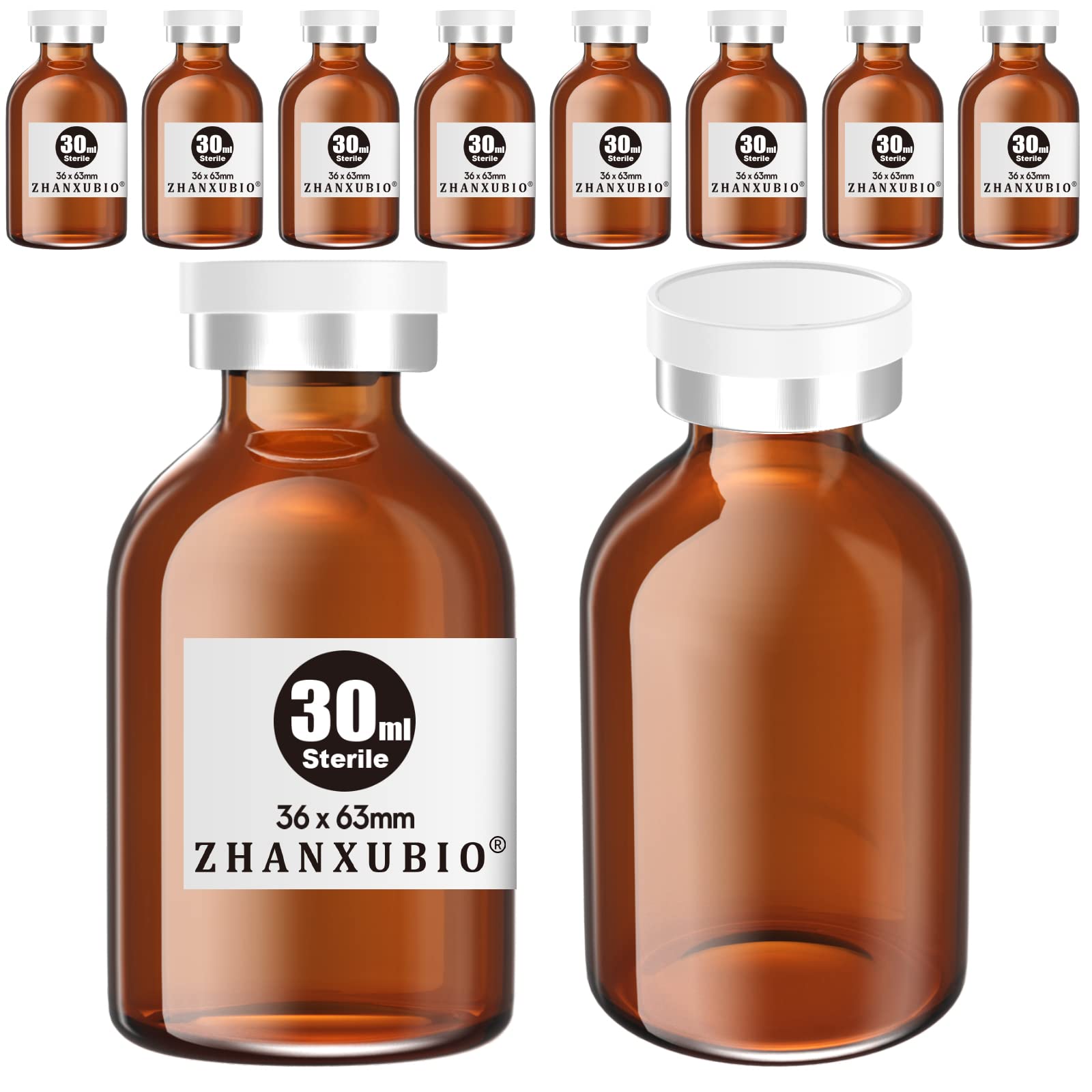 ZHANXUBIOSterile Empty Vials with Self Healing Injection Port and Aluminum Plastic Cap,Sterile Package (30ml Amber 10PCS)