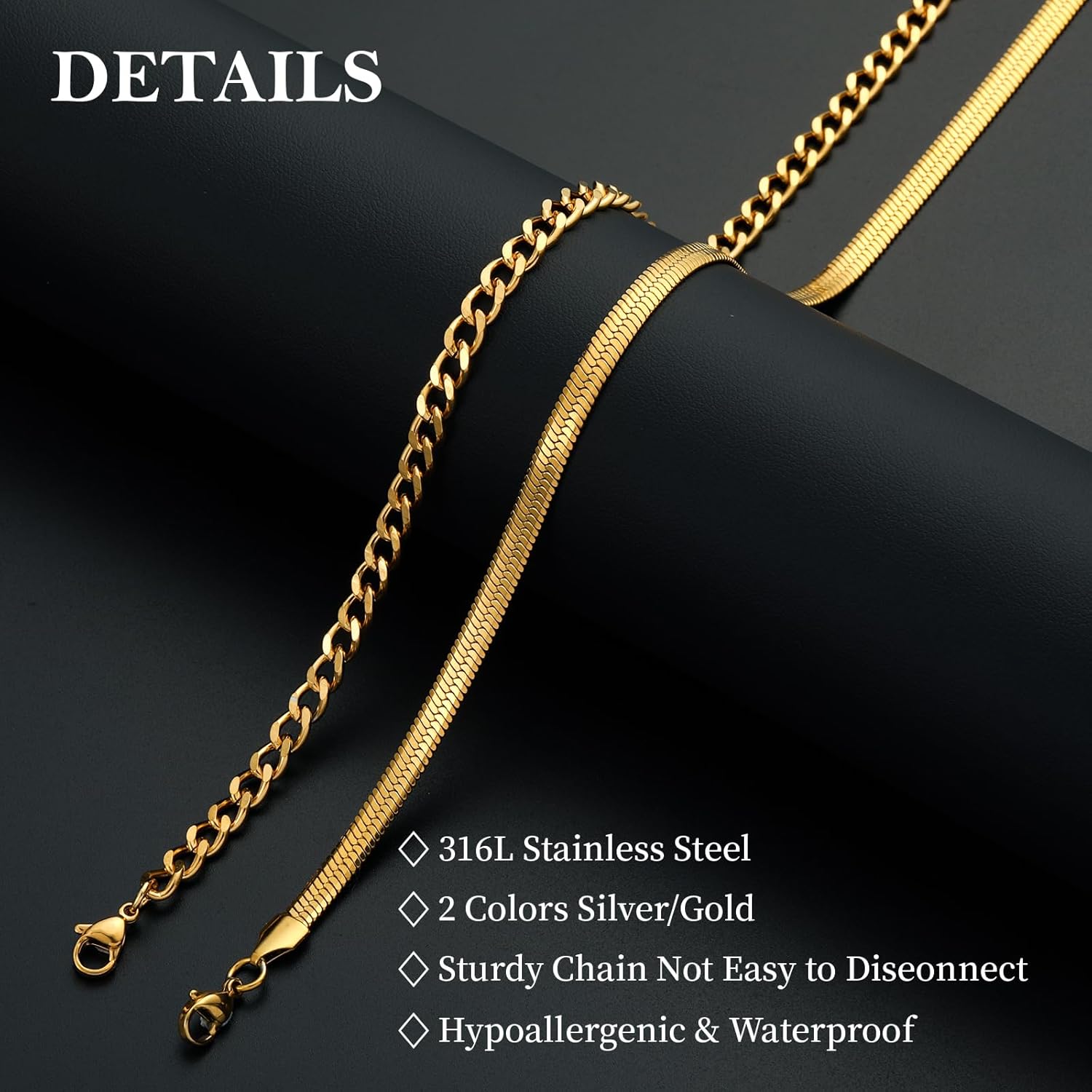 Layered Stainless Steel Chain Necklaces for Men Boys, 2Pcs Cuban Link/Rope/Herringbone Chains Jewelry Gifts, 16 "/18 ", 18 "/20 ", 20 "/22 ", 22 "/24 " - Image 3