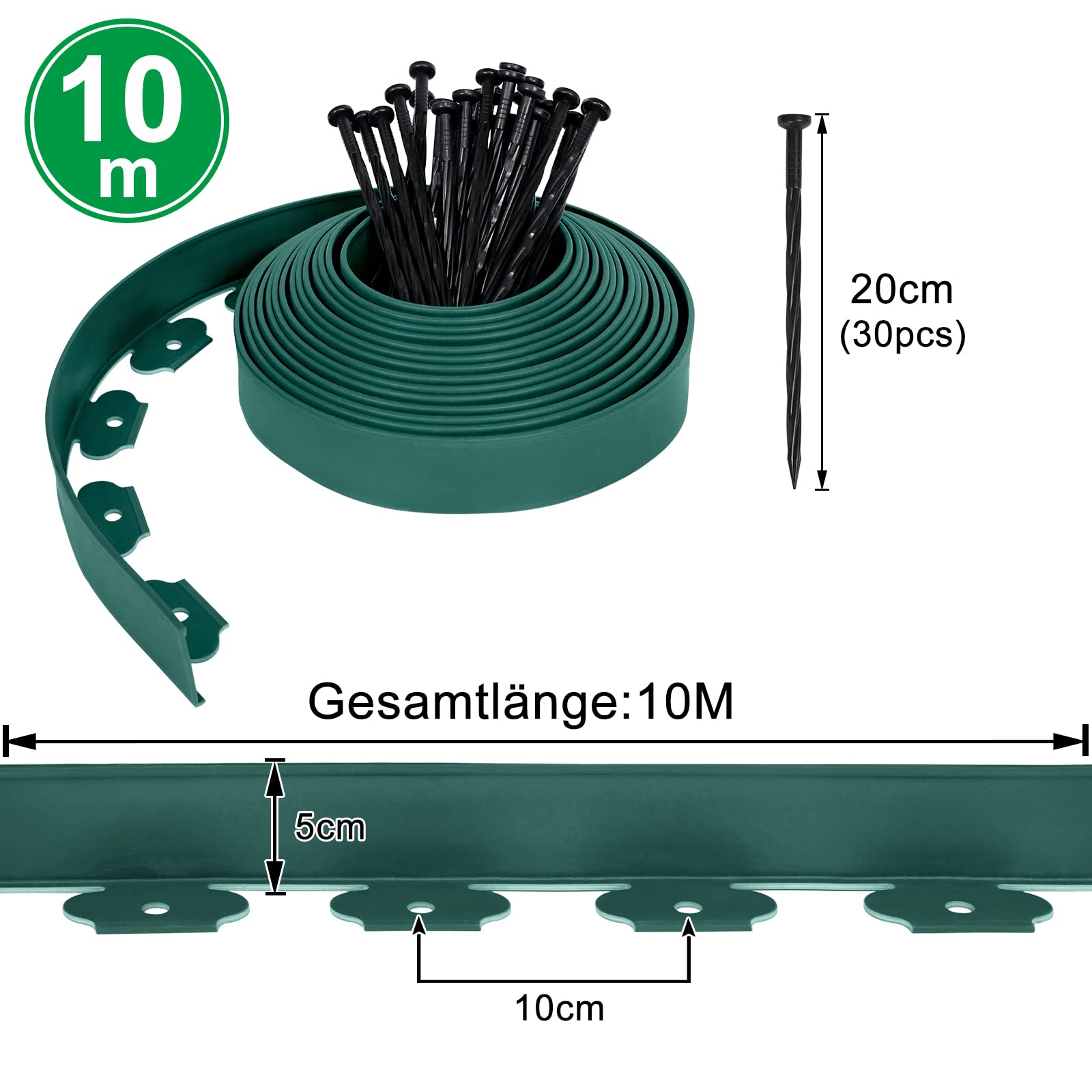 XMTECH Flexible Rasenkante Kunststoff 10m, mit 30 Befestigungsheringen, Beeteinfassung blumenbeet Umrandung Grün