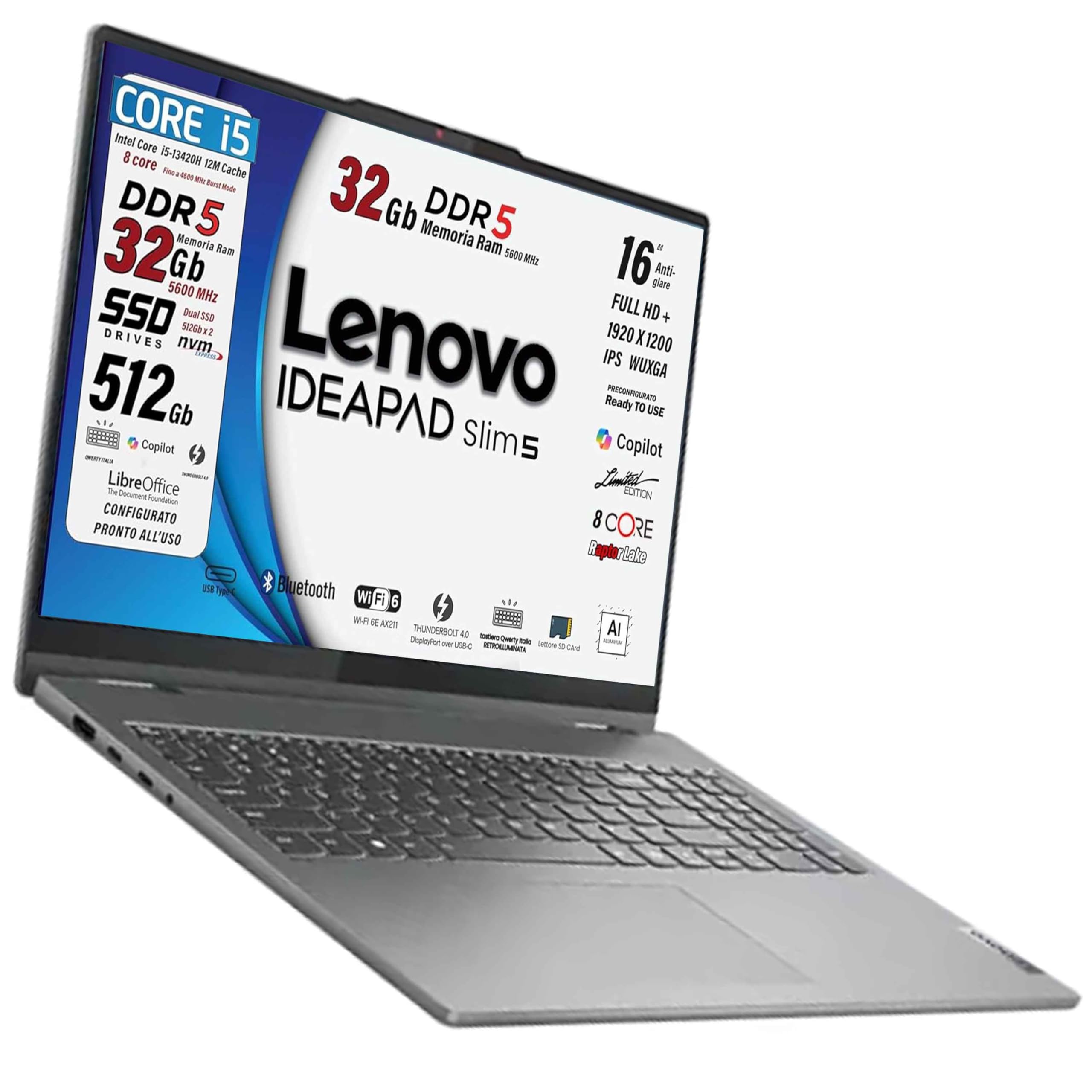 Lenovo Ideapad slim5, pc portatile Notebook, i5 13420H 13Th, DDR5 32Gb, Display WUXGA 16" IPS FHD+, SSD da 512Gb, Wi-Fi 6, Bt, USB Thunderbolt, Tastiera retroilluminata, Win11 Pro, Pronto all'Uso