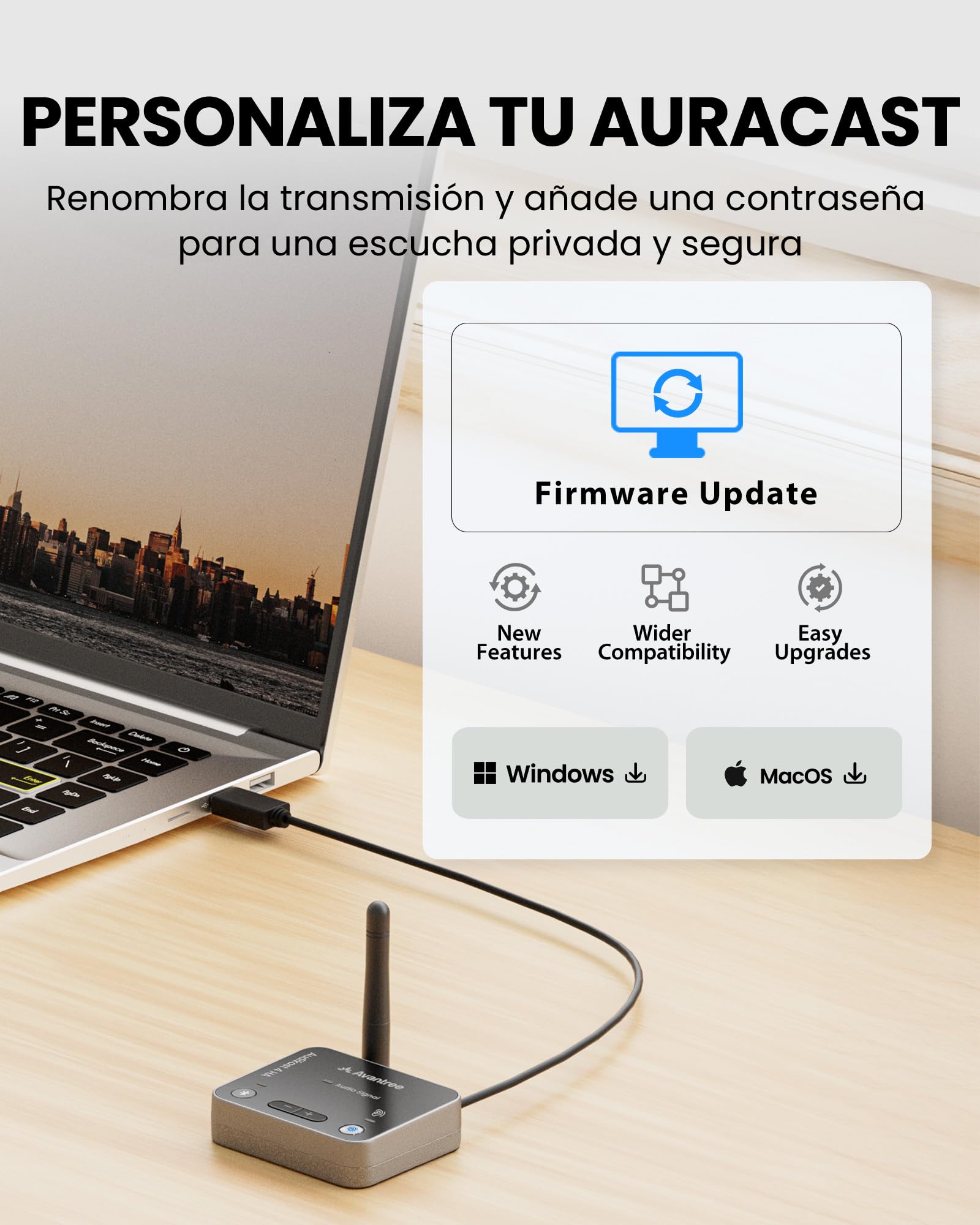 Avantree Audikast 4HA – Transmisor y Streamer de TV Auracast para para Dispositivos de Escucha Personal, Escucha Personal de TV a tu Volumen, óptico y AUX, Preparado para el Futuro y Actualizable