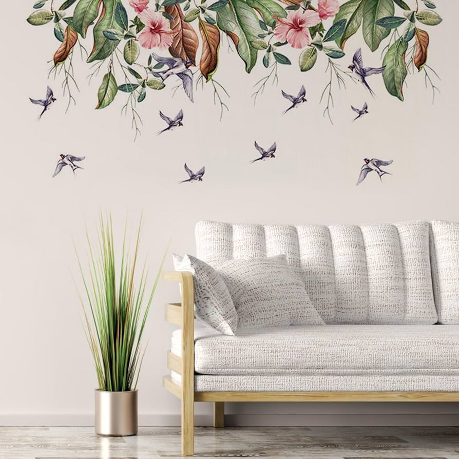 Fruit Tree Wall Stickers Large Green Leaves Birds Peel And Stick Wall
