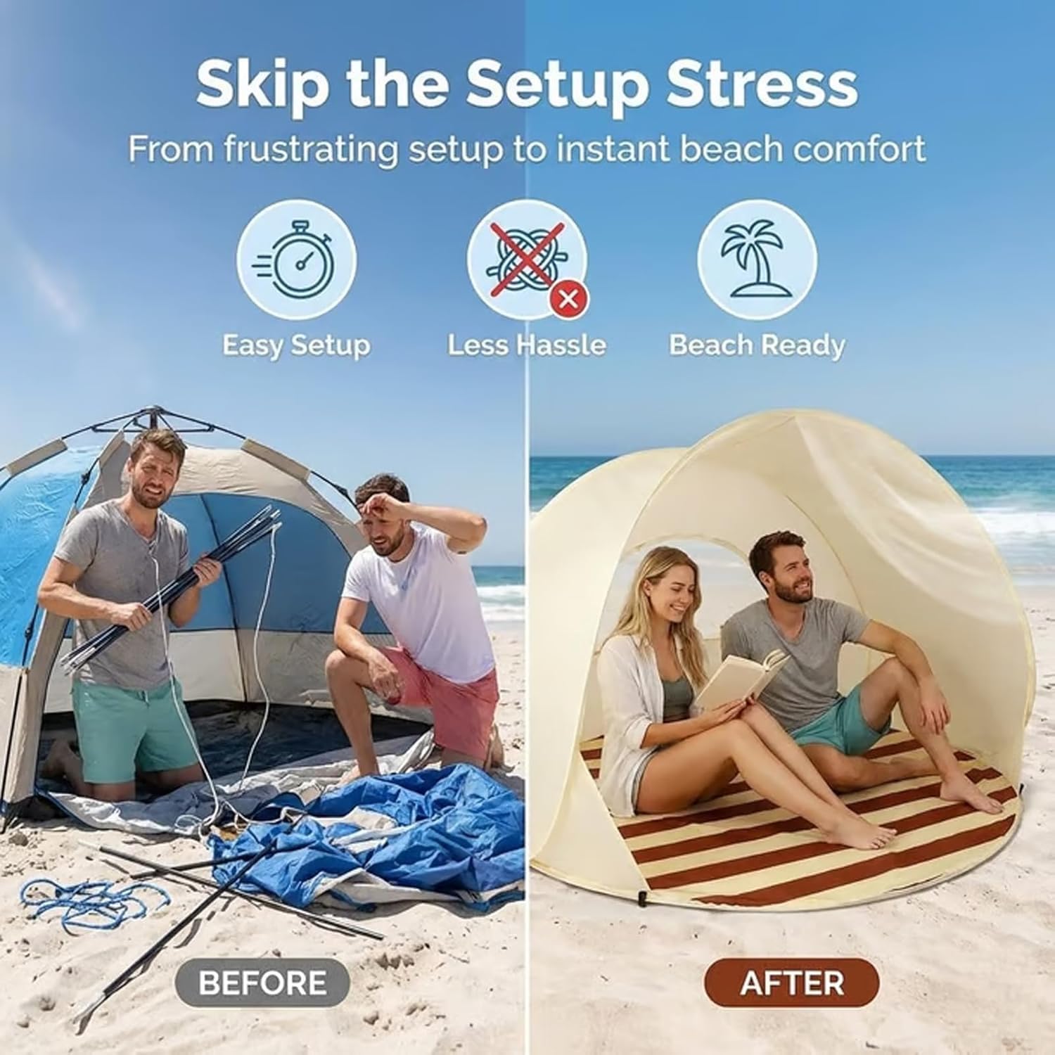 Abri de Plage Pop-Up Tente de Plage – Portable, spacieux, Pare-Soleil de Voyage, Protection UV 50 avec Sac de Transport, pour 2 à 3 Personnes (Plein air, Camping, Pique-Nique, Jardin)