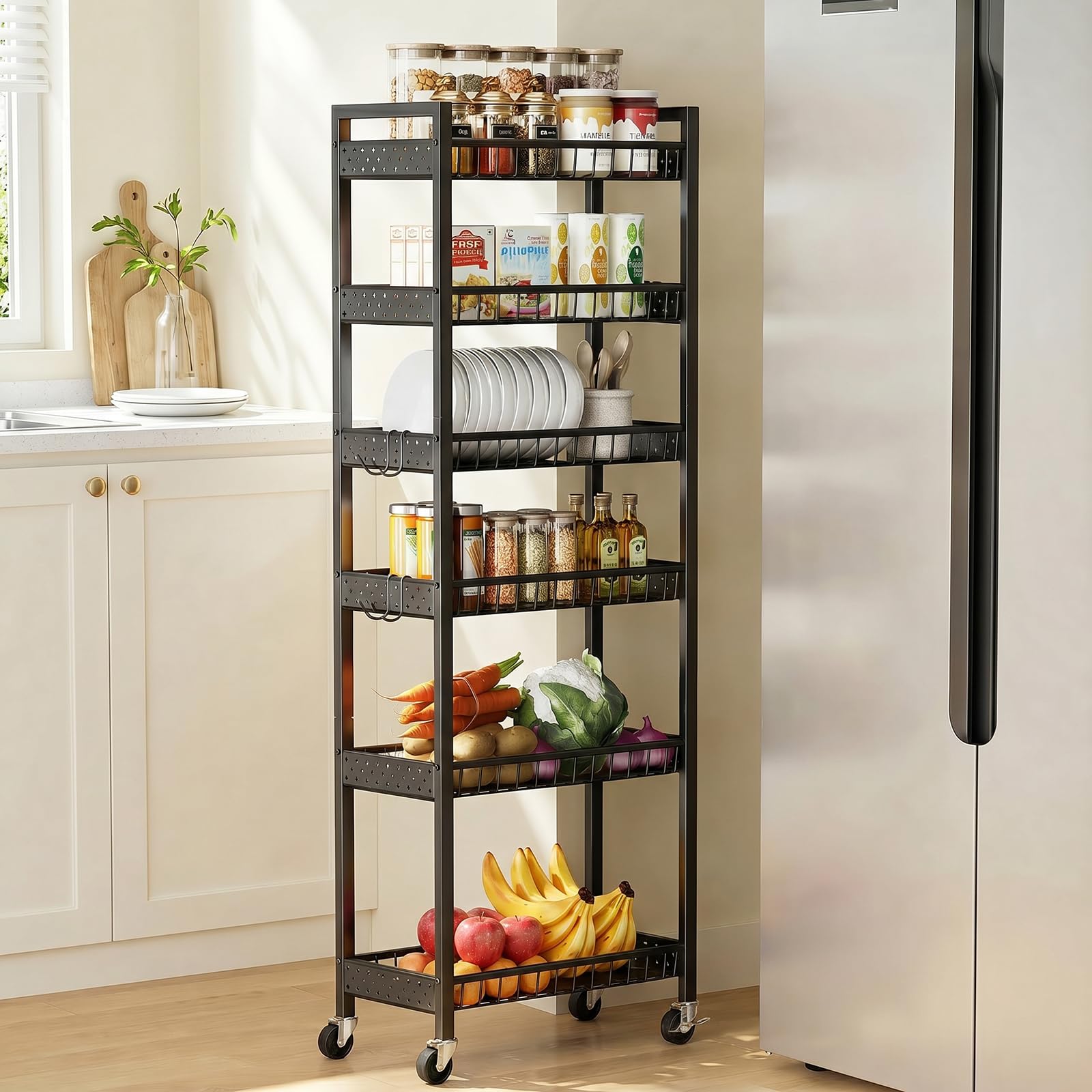 Carrello Portaoggetti Sottile, Carrello a 6 Ripiani con Ruote, Scaffalatura Sottile Mobile Multiuso per Cucina, Bagno, Lavanderia, Soggiorno, Spazi Ristretti, 9,84 pollici (L)