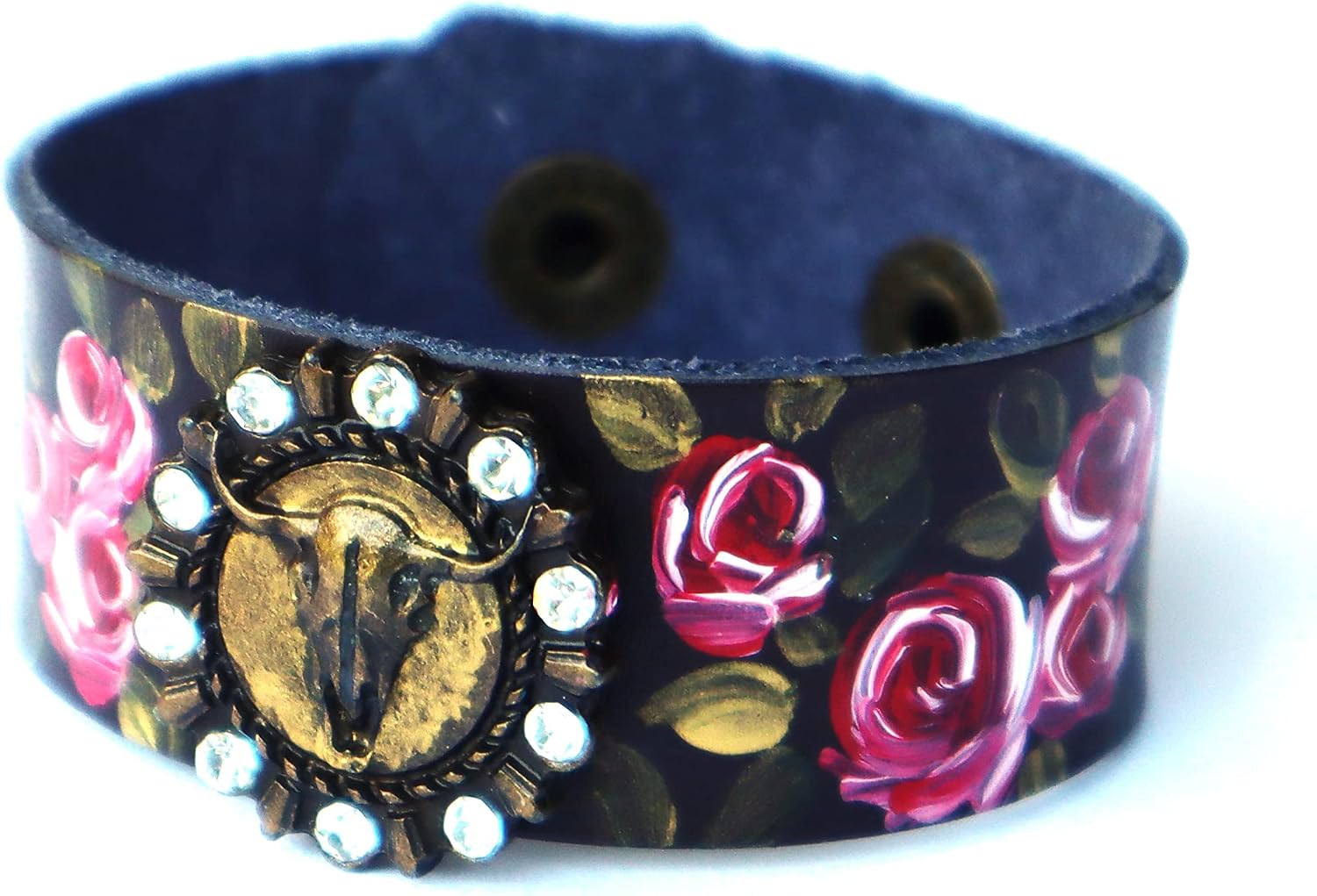 Adjustable Dark Brown Leather Cuff Bracelet with Steer Cow Stud Painted Roses Western Cowgirl Boho Jewelry Bohemian Accessories for Women