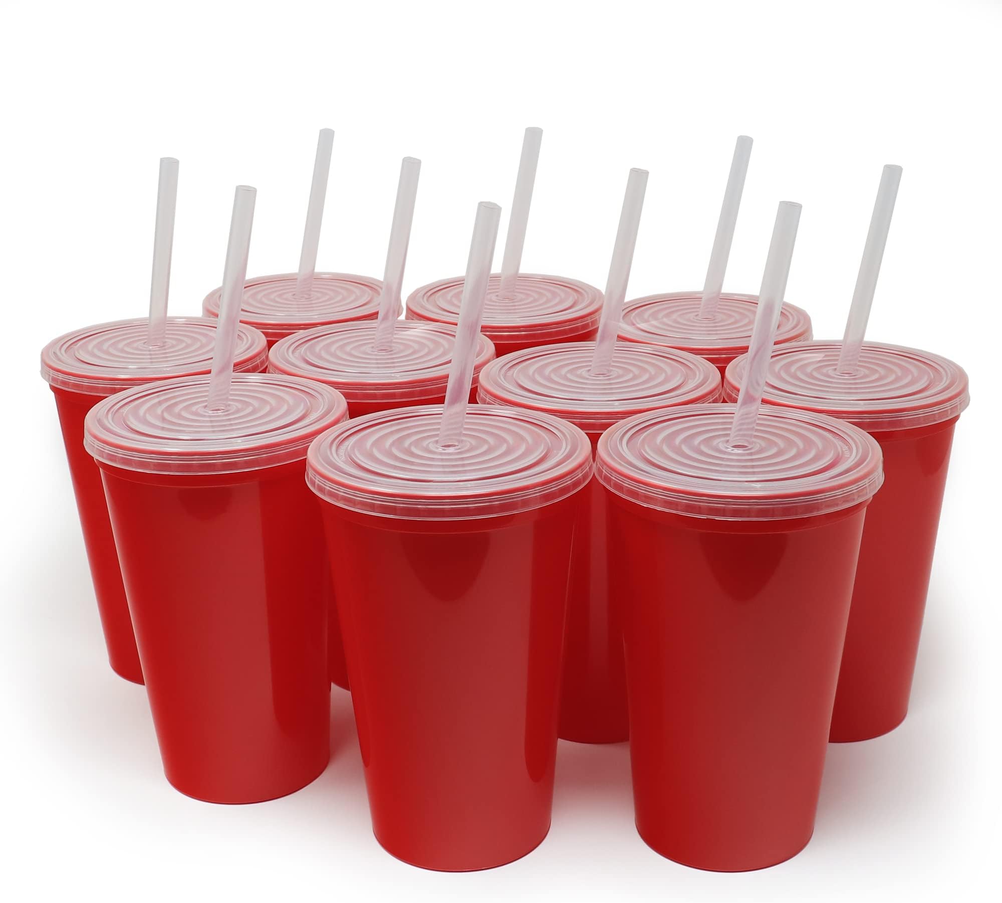 22oz Reusable Plastic Stadium Red Cups with Lids, 10 Pack, USA Made; Plastic Tumblers and Lids, Includes 10 Reusable Straws; Top Shelf Dishwasher