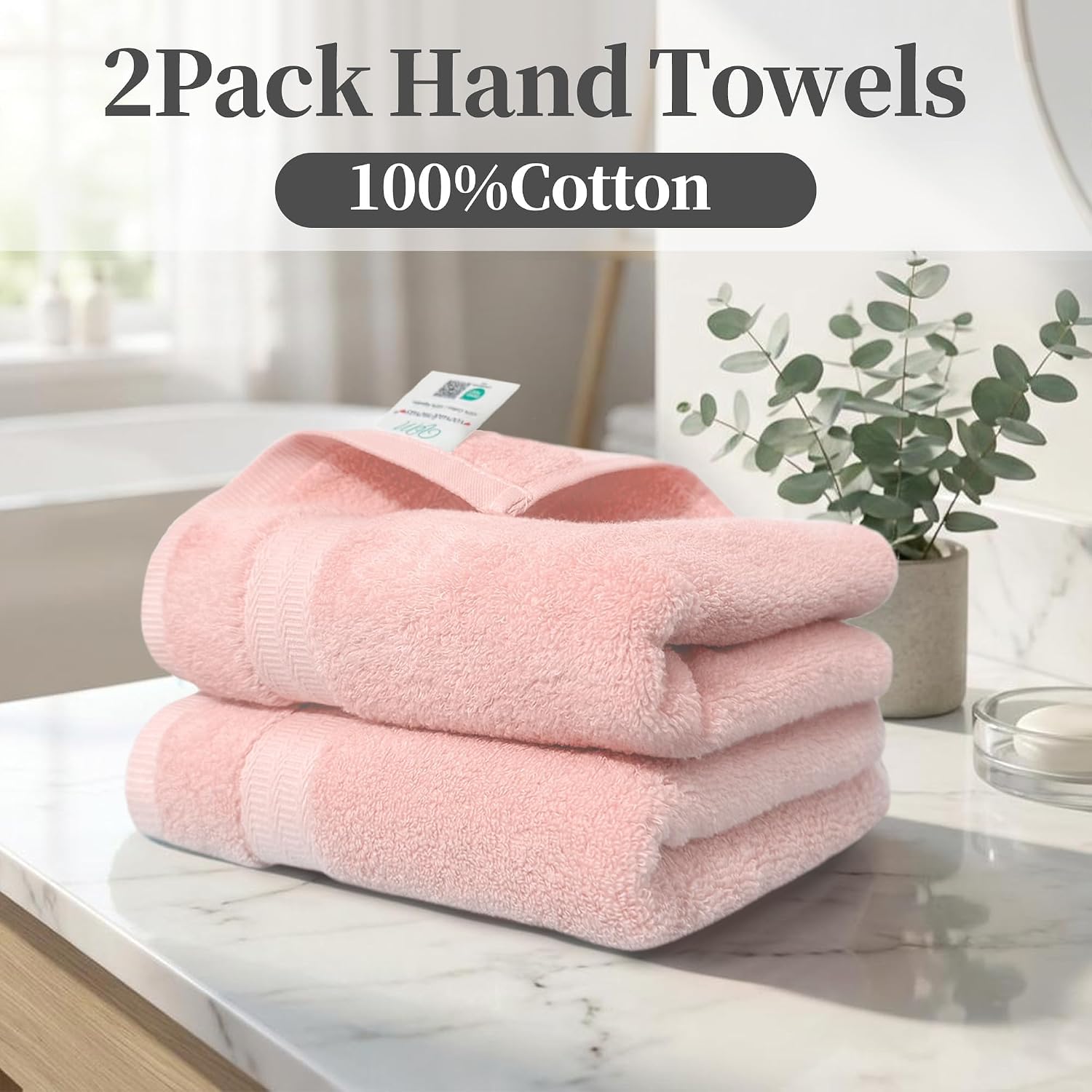 VOOVA & MOVAS Light Pink 100% Cotton Hand Towels Set of 2 with Hanging Loop (13"x29") - Lightweight, Quick Dry & Soft, Hotel Spa Quality Face Towel Set, Essential for Bathroom, Dorm, Travel & Gift