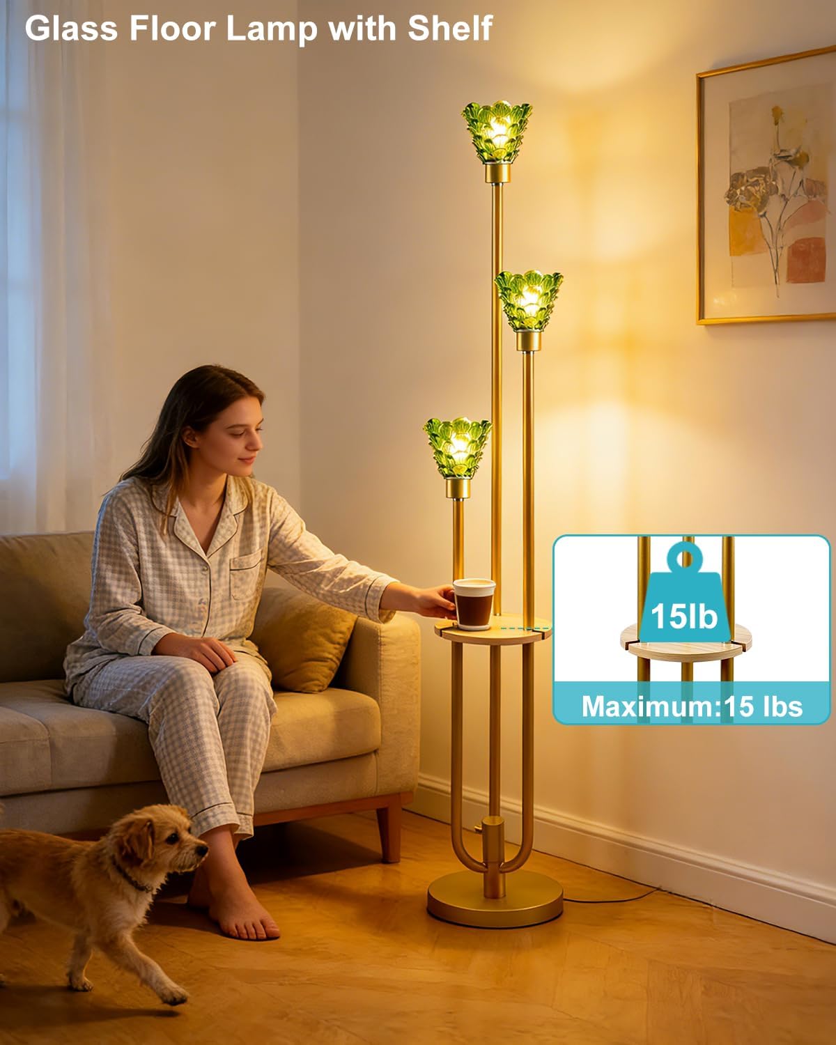 Lightdot Green Glass Floor Lamp with Shelf, 63IN Mid Century Modern Gold Standing Lamps with 3 3000K Soft Warm White Bulbs Included, Floor Lamp for Living Room/Wedding/Office