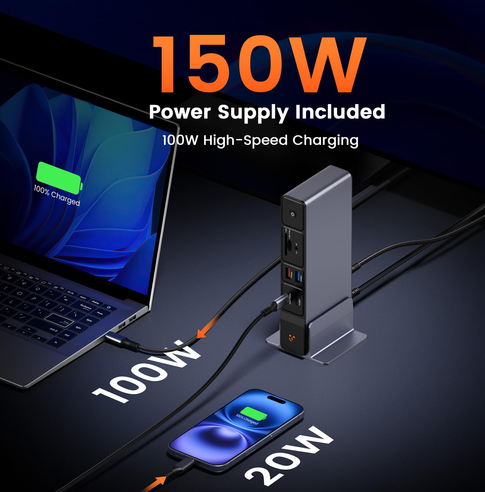 TobenONE Stacja dokująca USB C, 3 monitory, potrójny wyświetlacz 4K 18 w 1, zasilacz 150 W z szybkim ładowaniem 20 W, 8 portów USB do 10 Gb/s, 2 HDMI/DP/USB C, do Windows/Chrome OS