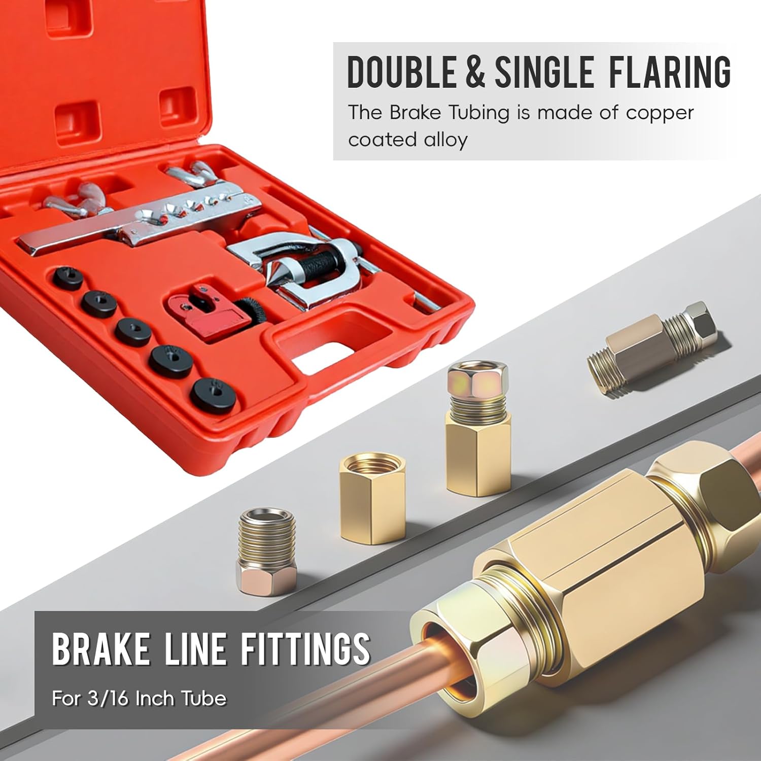 25ft 3/16'' The Latest Copper Coated Brake Line Kit with 16 Fittings and 4 Unions Brake Line Fittings+Double & Single Flaring Tool Kit for Most Hydraulic Braking Systems