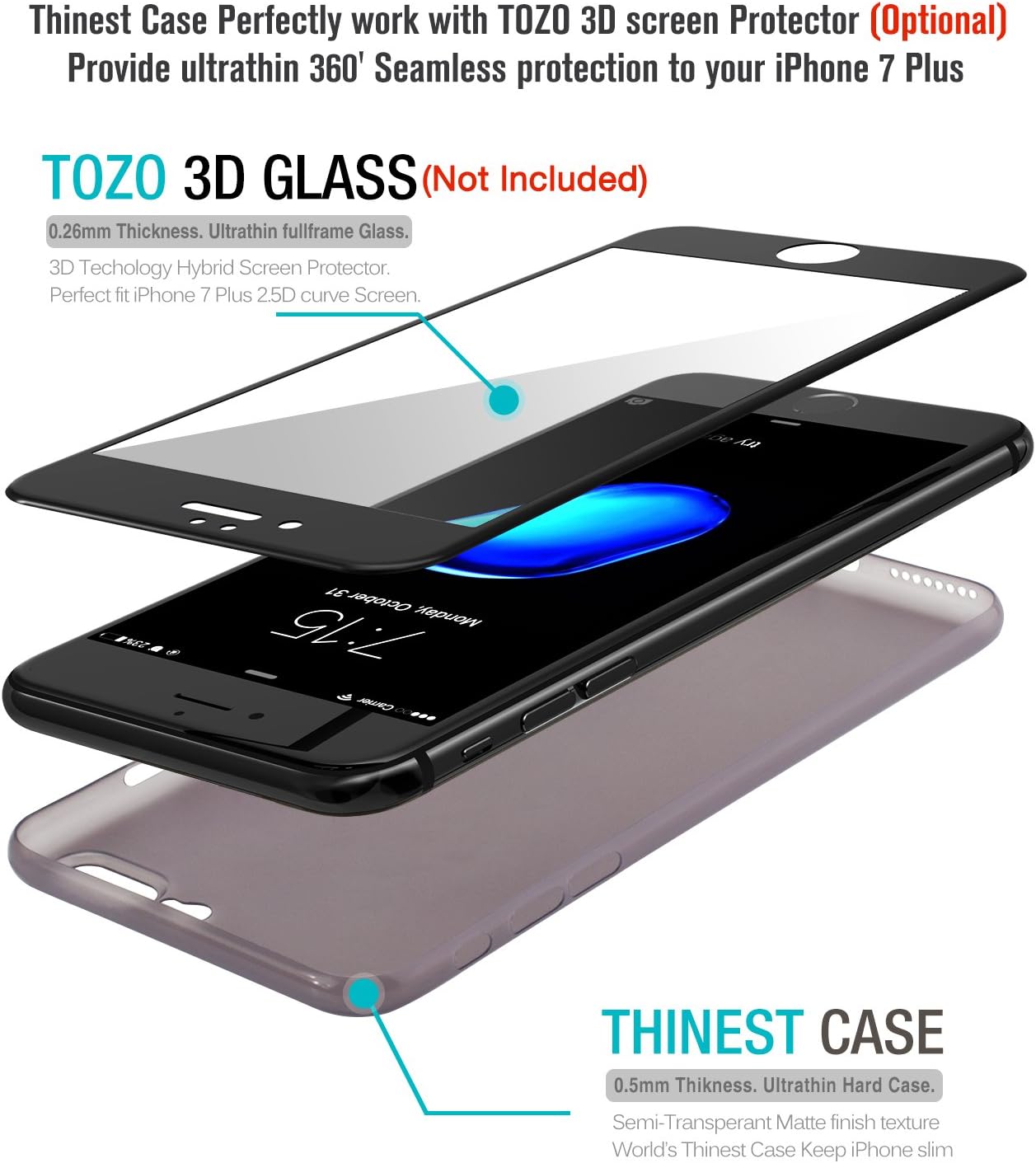 TOZO for iPhone 7 Plus Case iPhone 8 Plus Case PP 0.35mm World's est Protect Hard Case Semi Transparent Light Weight 5.5 inch. Jet Black