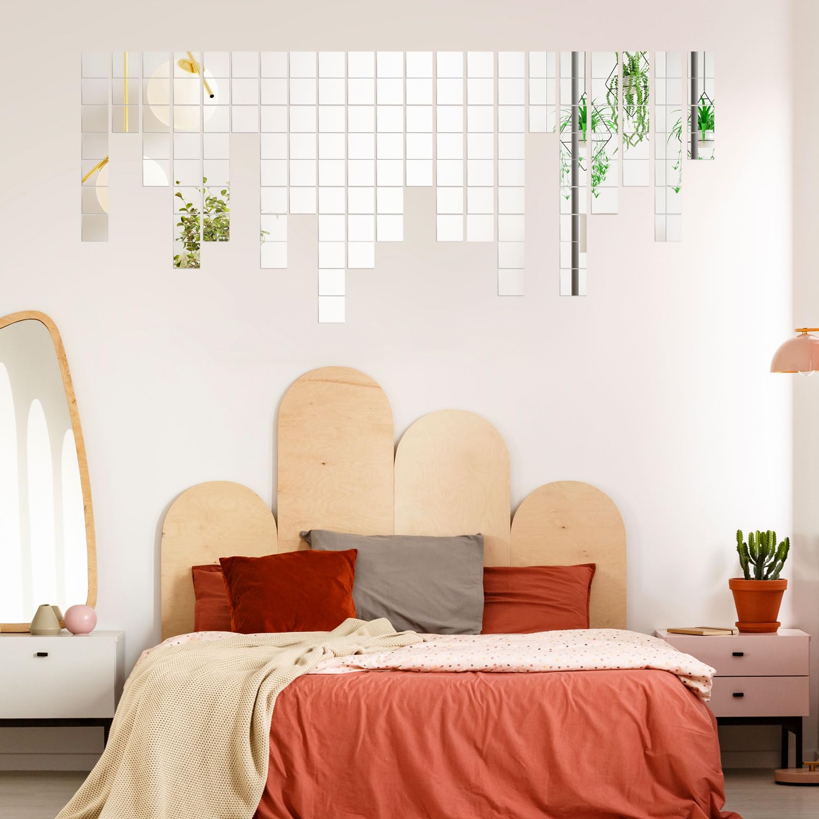 100 specchietti autoadesivi da incollare a mosaico, in acrilico, 5 x 5 cm, quadrati, flessibili, per fai da te, camera da letto, bagno, decorazione da parete