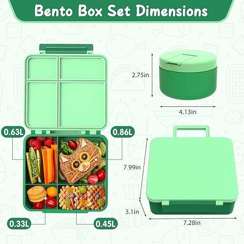Miniatura 2 de Lonchera Bento con termo de sopa de 8 onzas, recipientes de almuerzo a prueba de fugas con 4 compartimentos, tarro térmico para comida caliente y