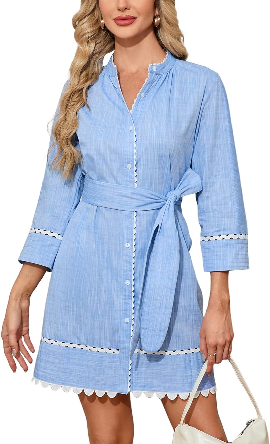 Women's Button Down Shirt Dress Fall 3/4 Sleeve Belted Tunic Casual Cotton Linen RIC Rac Trim Mini Dresses with Pockets - Image 7