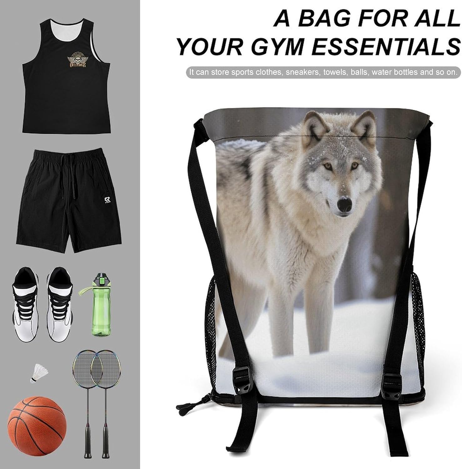 Sports Drawstring Backpack Wolf in The Snow Lightweight Backpack Dry And Wet Separation Large Capacity