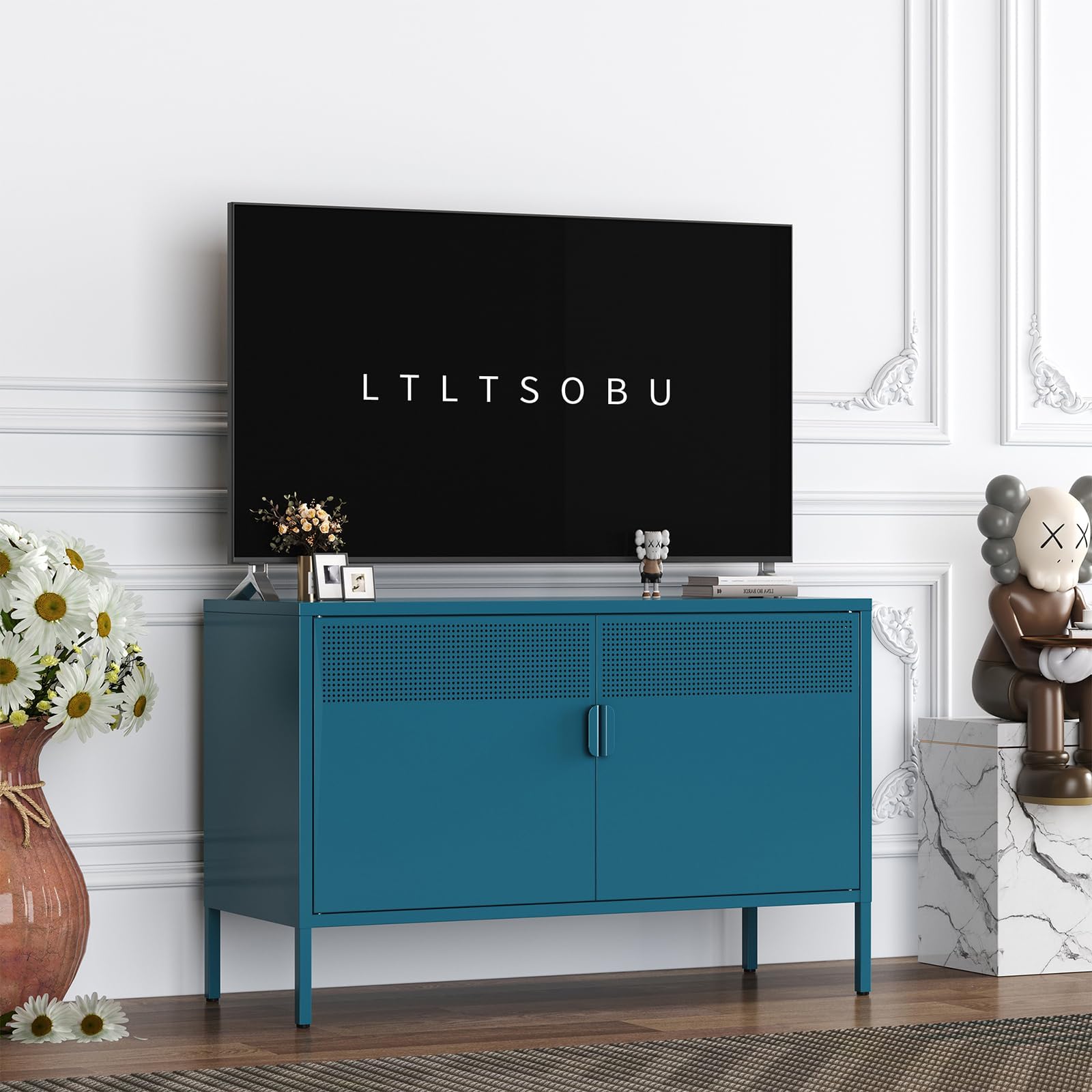 Blue Metal Storage Cabinet with 2 Doors - 25''H TV Stand, 2 Tier Locker with Adjustable Shelves,Multipurpose TV Cabinet for Office, Home, Living Room, Kitchen