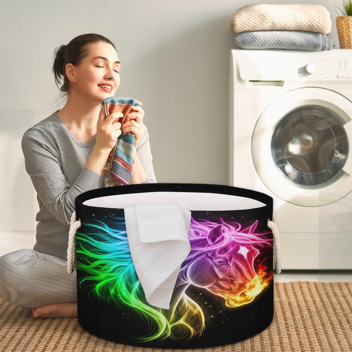 Large Storage Baskets - Rainbow Fire Horse Nursery Round Collapsible Organizer Bin Box, Laundry Hamper for Kids Toys, Blanket, Bedroom Living Room Home Decor, Gift Basket, 19.4"x13.3"