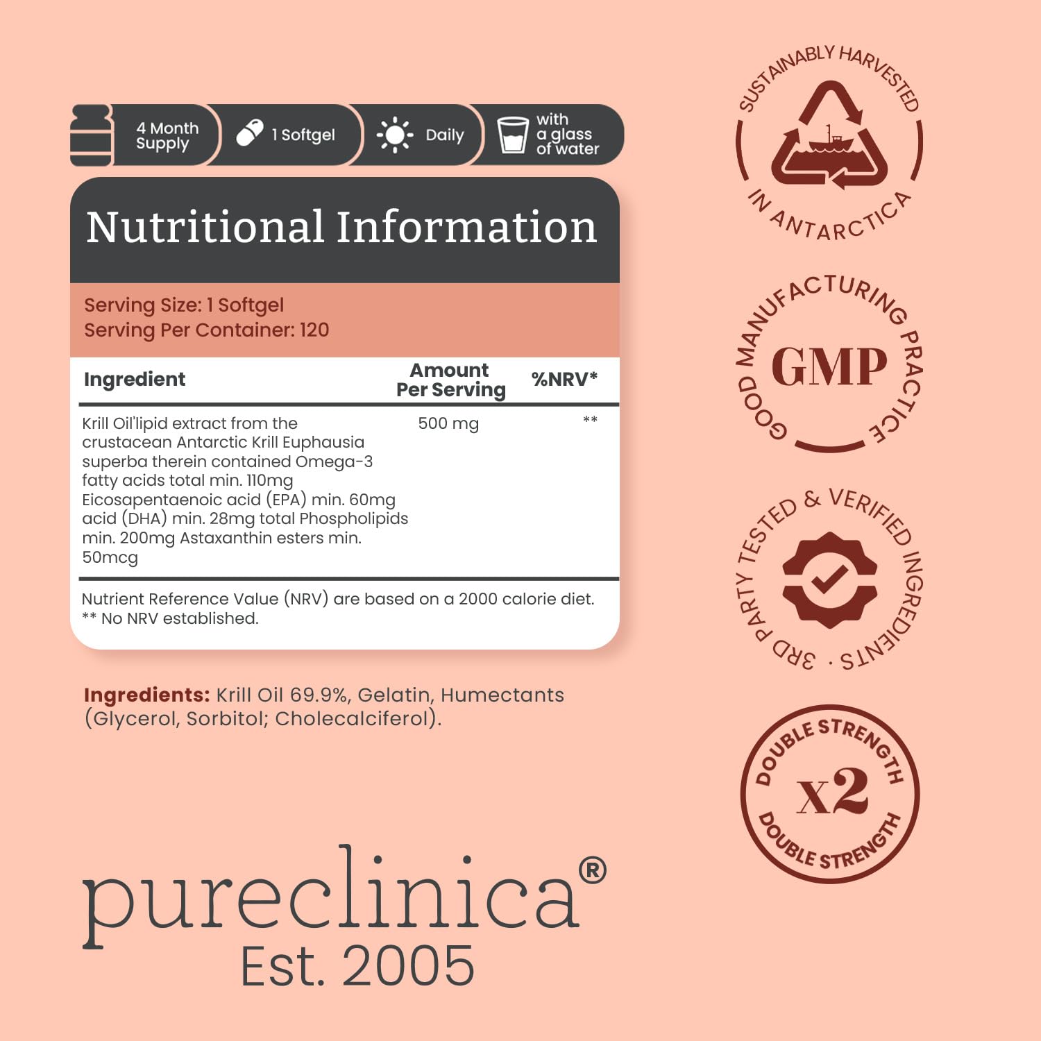 Olio di krill purissimo Krill 500mg x 240 capsule - proveniente dalle acque incontaminate dell'Antartide che sono una ricca fonte di astaxantina e Omega 3