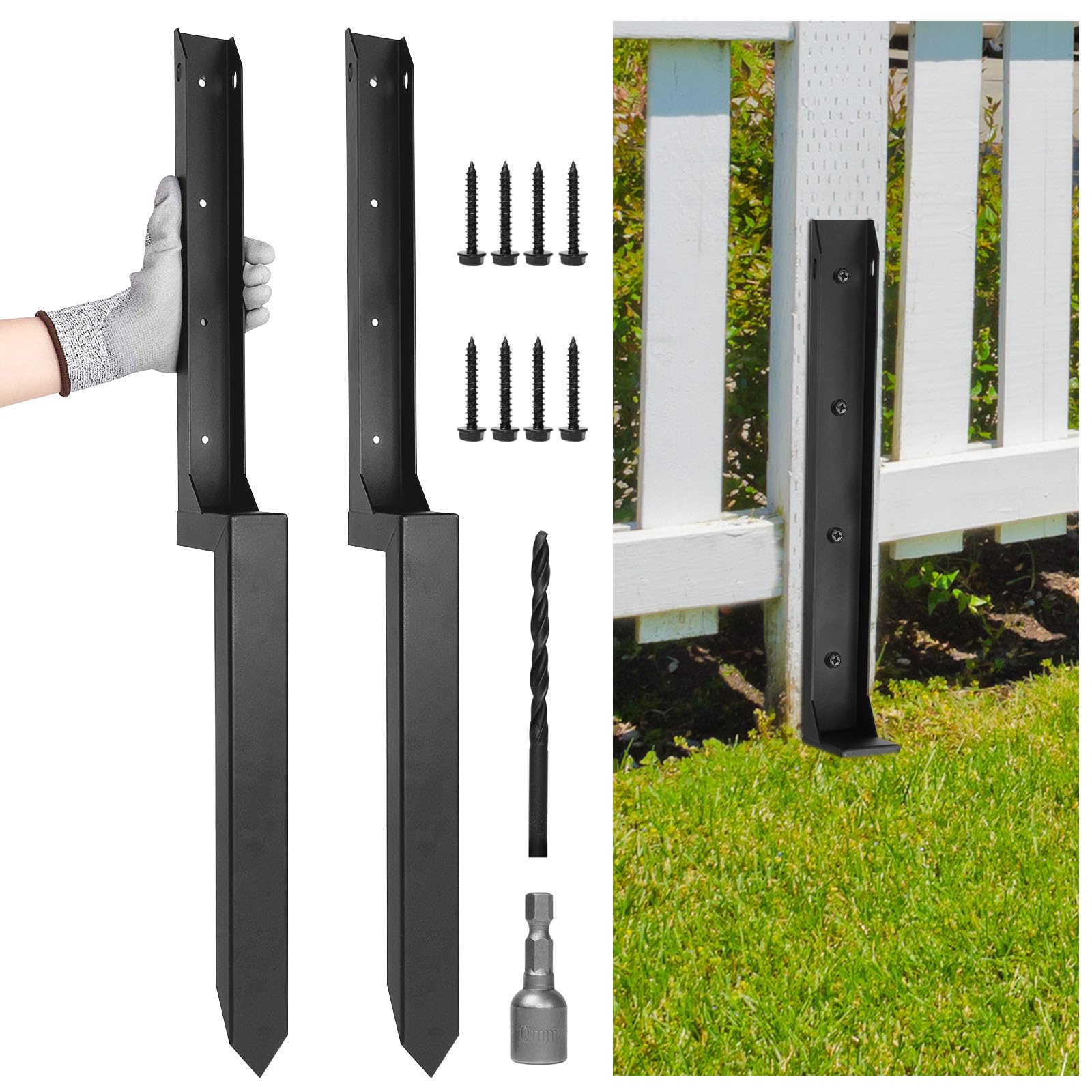 VALKINWORKS Fence Post Repair Kit, 2 Pack – Heavy-Duty One-Piece Steel Anchors with Stakes for 4x4/6x6 Wood Fence Posts