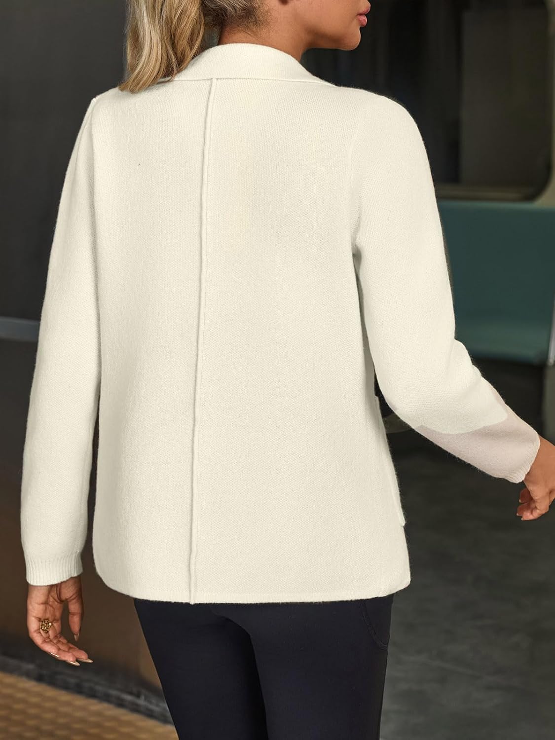 Fisoew Womens Casual Sweater Blazers Open Front Long Sleeve Work Office Suit Knit Jackets Blazer - Image 4