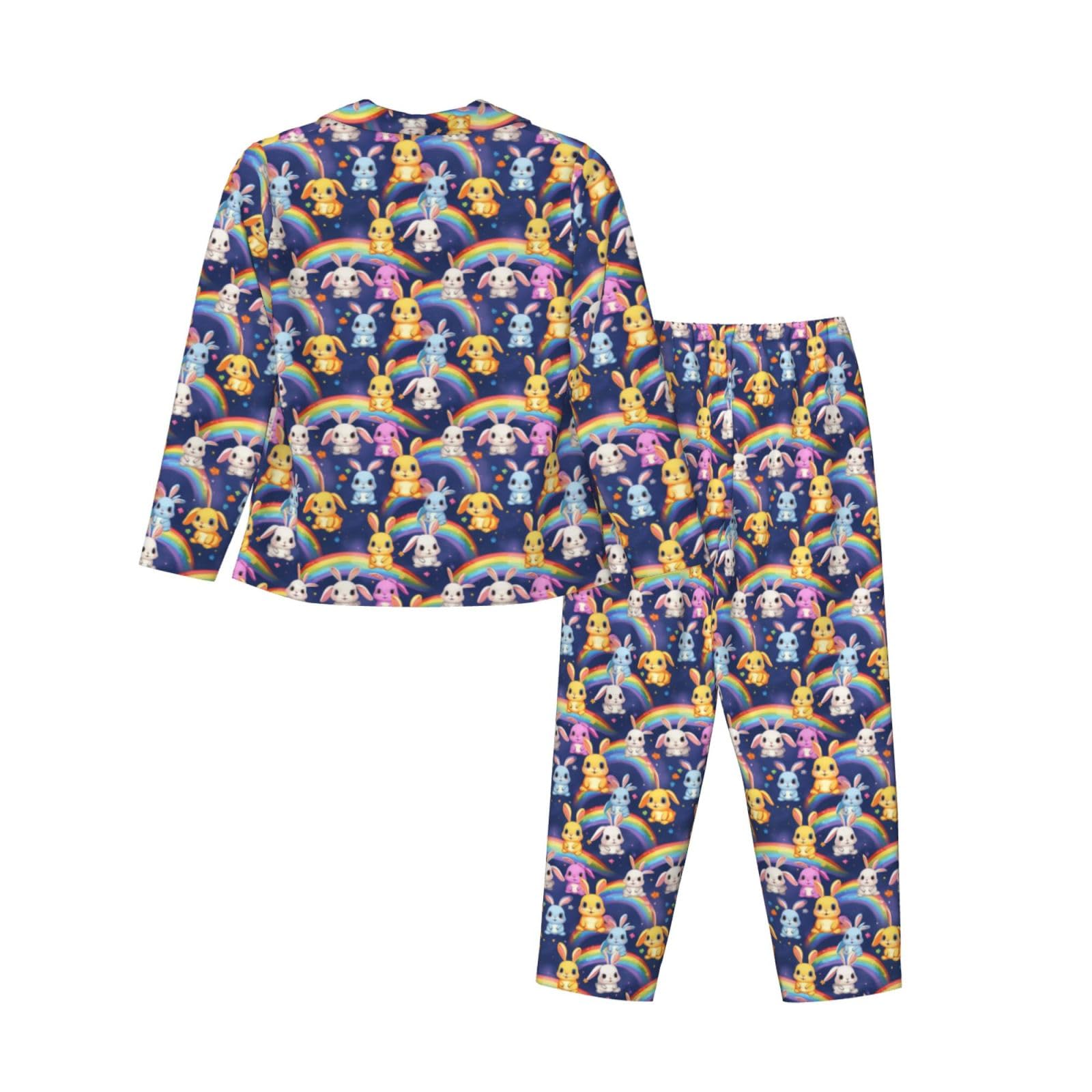 Pigiama a maniche lunghe da donna con stampa di coniglio arcobaleno Set Lounge Sleepwear Accogliente Nightwear Loungewear tutti i giorni