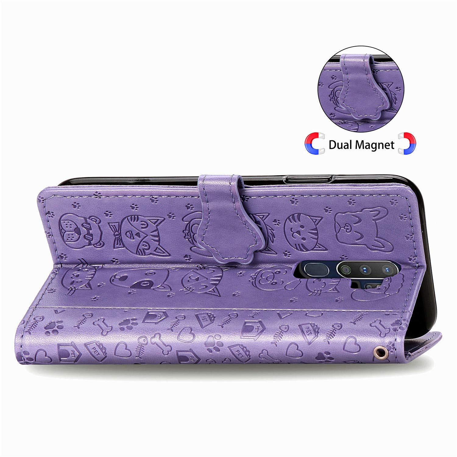 Fertuo Cover Portafoglio Per OPPO A9 2020/A5 2020 – Pelle Con Disegno Gatto E Cane, Porta Carte E Chiusura Magnetica, Viola