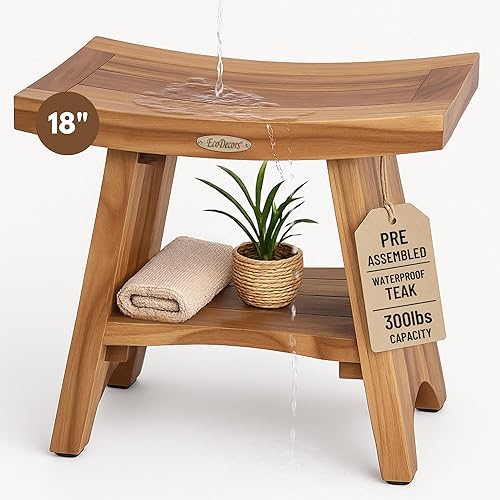 Miniatura 10 de EcoDecors Banco de Ducha de Teca de 18", Capacidad de 300 Libras – Asiento de Baño de Madera Impermeable con Estante, Asiento de Spa para Adultos