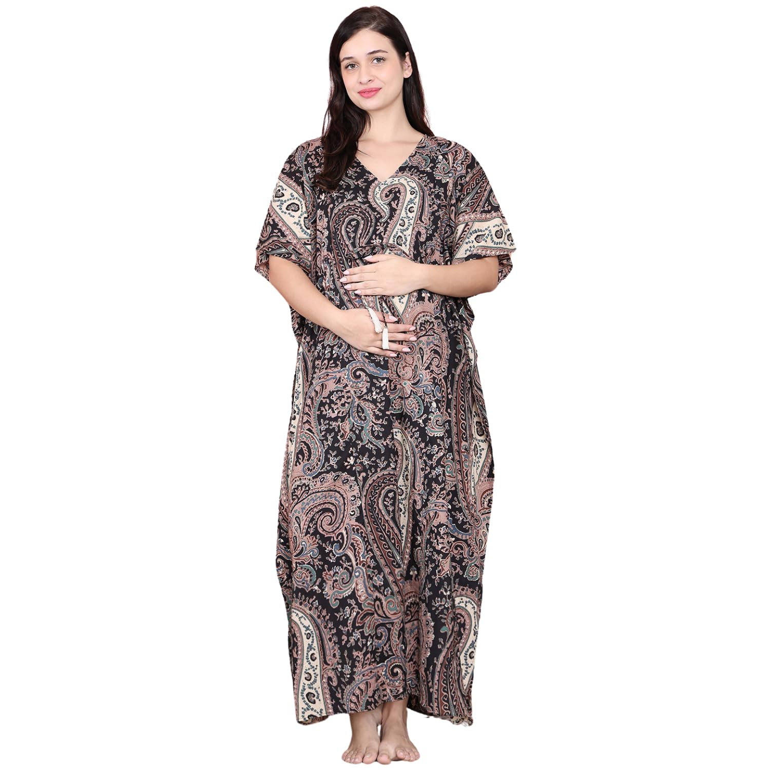 Secret Wish Floral Cotton Maternity Kaftan Full Length/Maxi Nighty/Free Size/Feeding/Nursing/Zipper/Tie-Up Belt