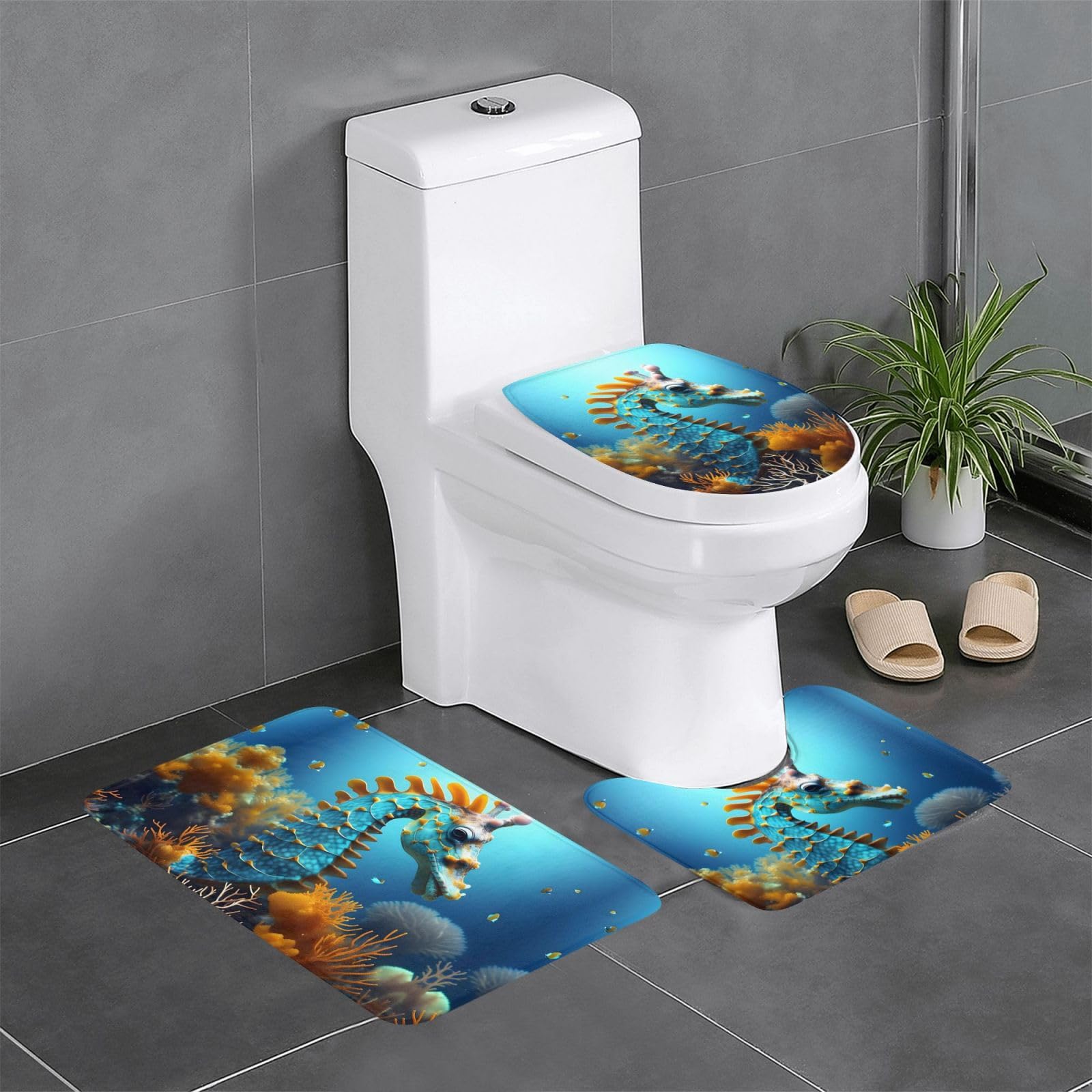 Tapis de salle de bain motif hippocampe bleu : l'ensemble déco pour vos sols de maison