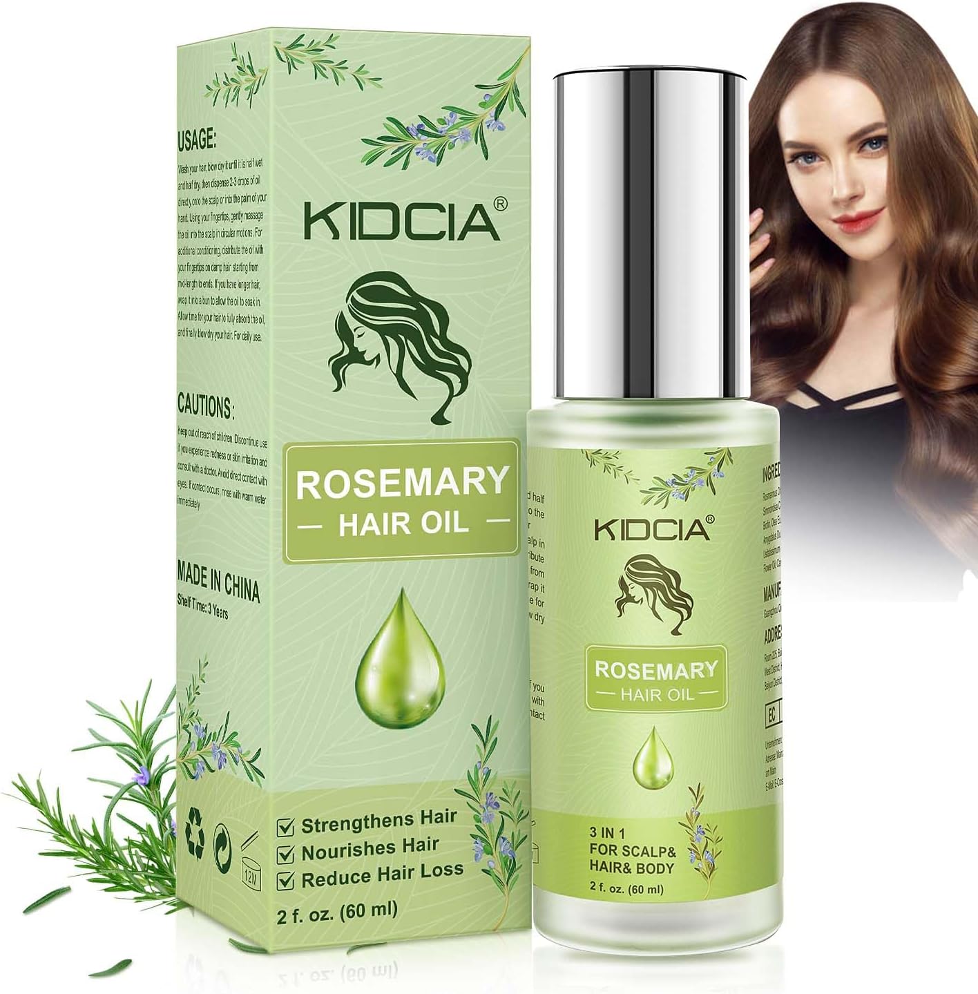 Rozemarijnolie voor haargroei, 100% natuurlijke haarolie voor effectieve haarverzorging en haargroei, voor vrouwen en mannen, 60 ml