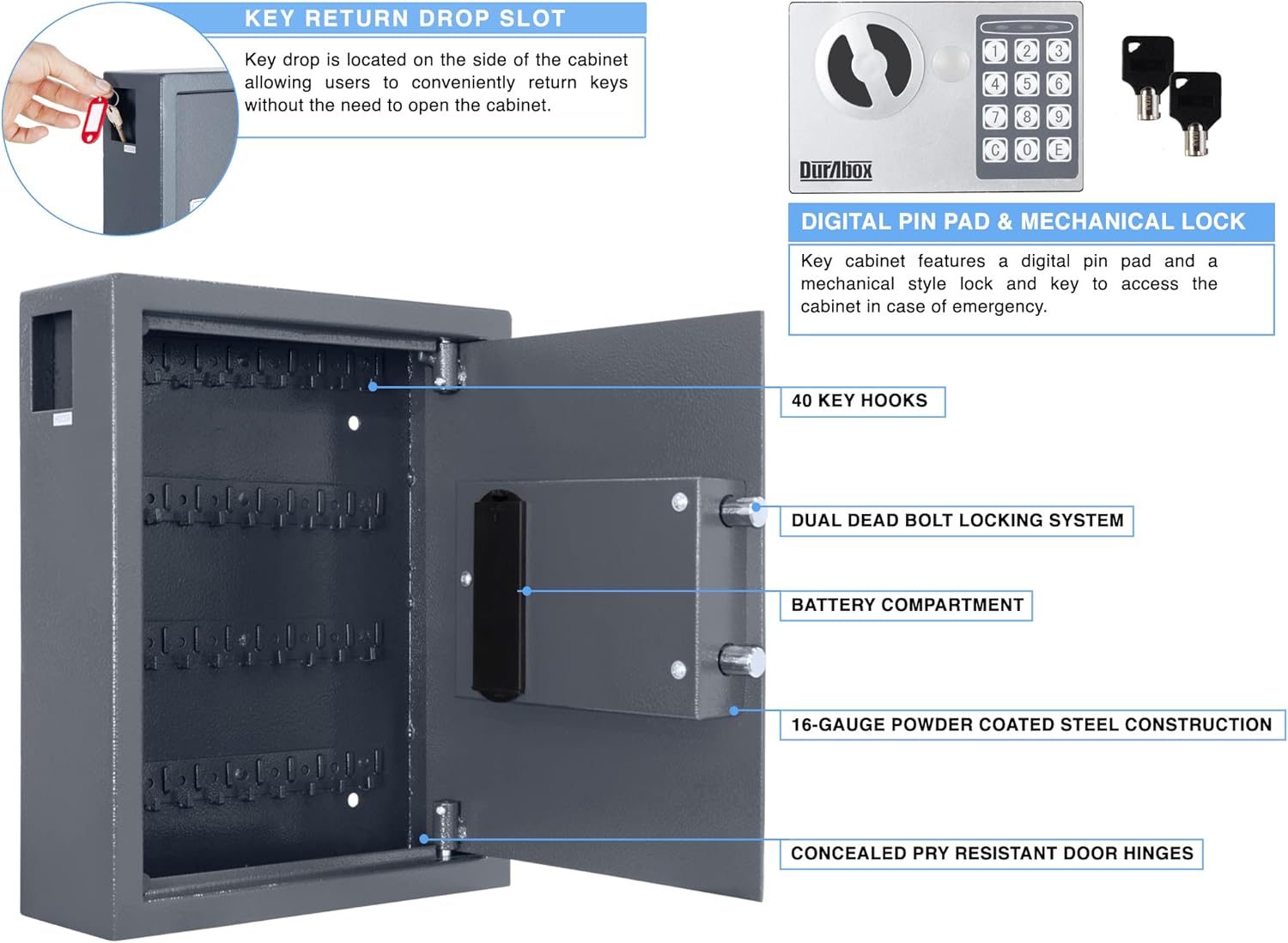 DuraBox 40 Keys Cabinet with Digital Lock - Electronic Key Safe, Steel Lock Box with Drop Slot for Key Returns and Safe Storage - Wall Mountable Key Lock Box with Bolts, Key Tags (Dark Grey)